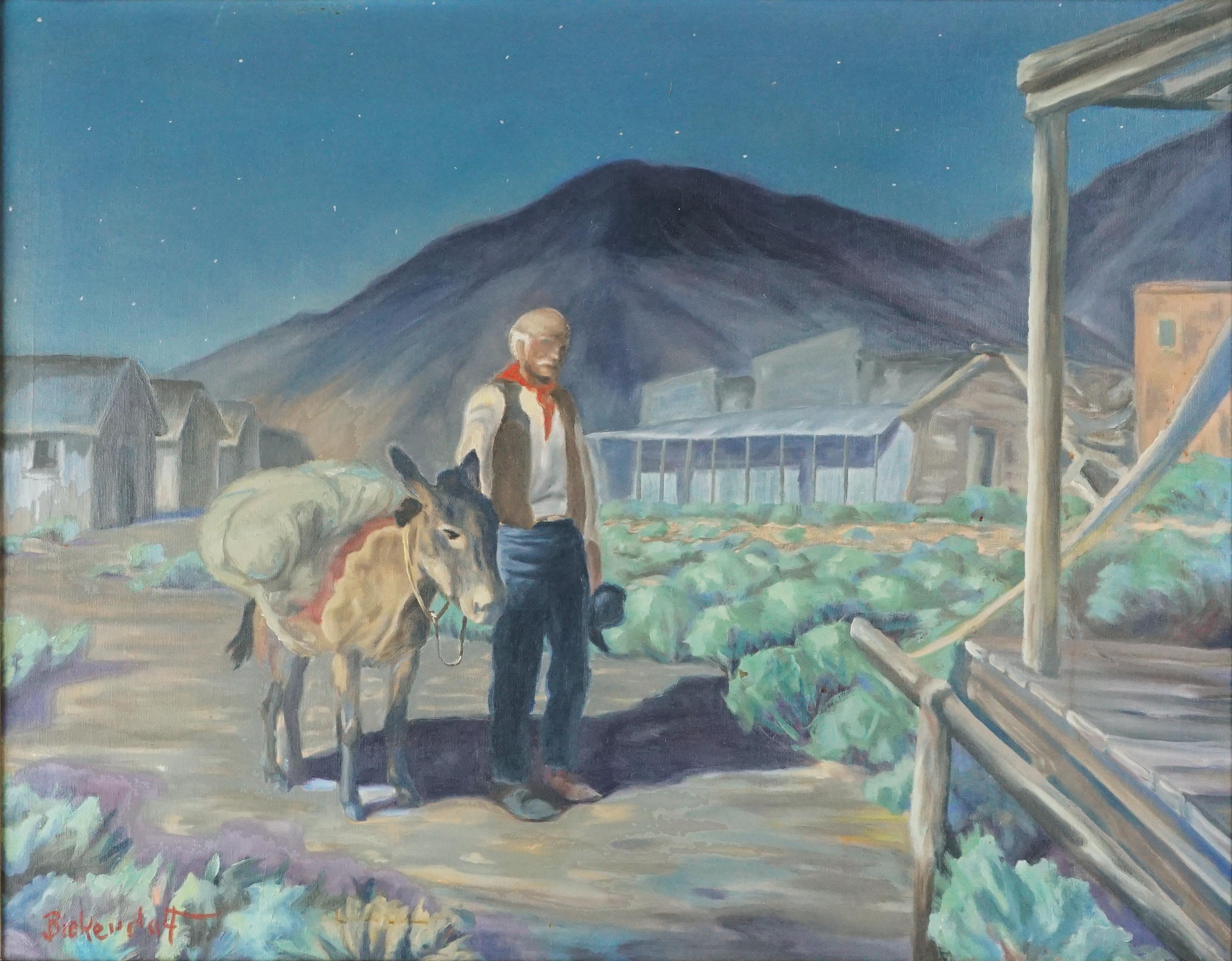El explorador al atardecer, principios del siglo XX Vaquero con burro Paisaje figurativo - Painting de George Sanders Bickerstaff