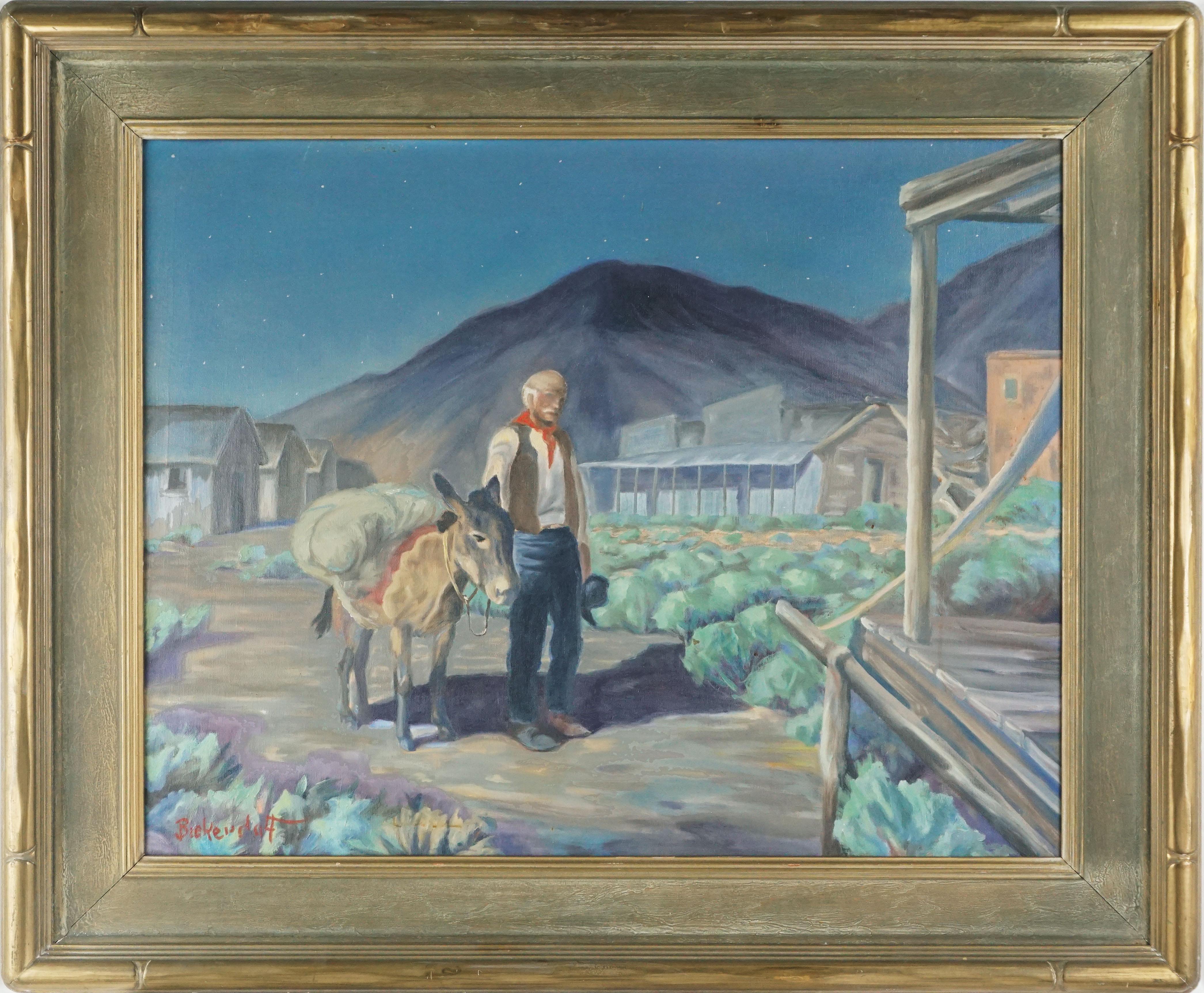 The Prospector at Dusk, Early 20th Century Cowboy w Donkey Figurative Landscape 