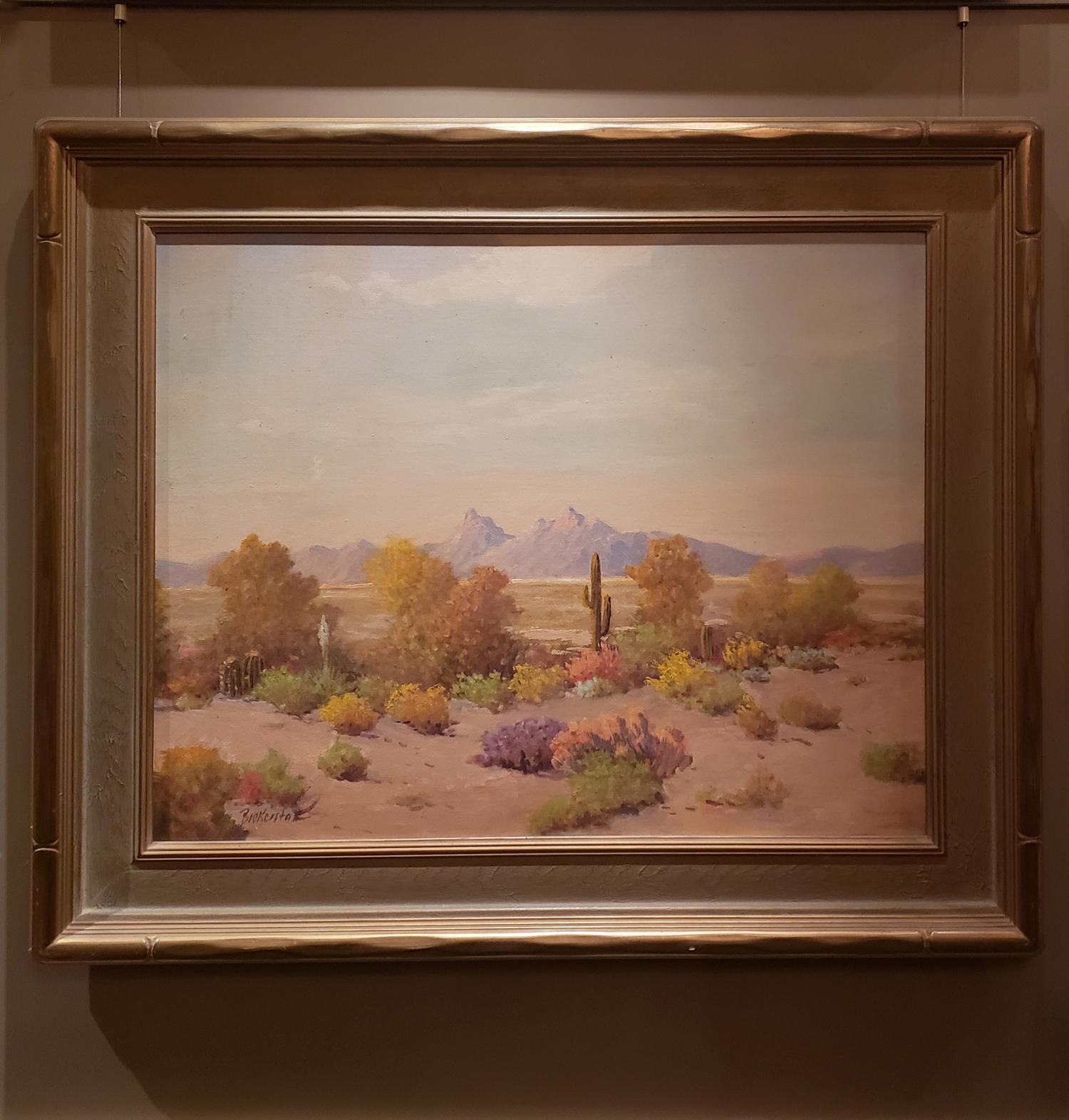 Provenance
Consigned to the gallery by a private collector in Irvine, California

Description
This original oil painting by George S. Bickerstaff, circa 1940, represents an enigmatic Arizona desert scene that links the viewer to the Old West. The
