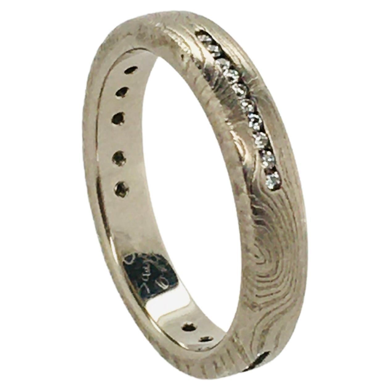 GEORGE SAWYER Gold & Etched Sterling with 3 Channels of Diamonds Mokume Ring For Sale