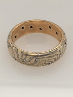 George Sawyer Mokume 14k Yellow Gold  & Etched SS Band w/ 15 Flush Set Diamonds