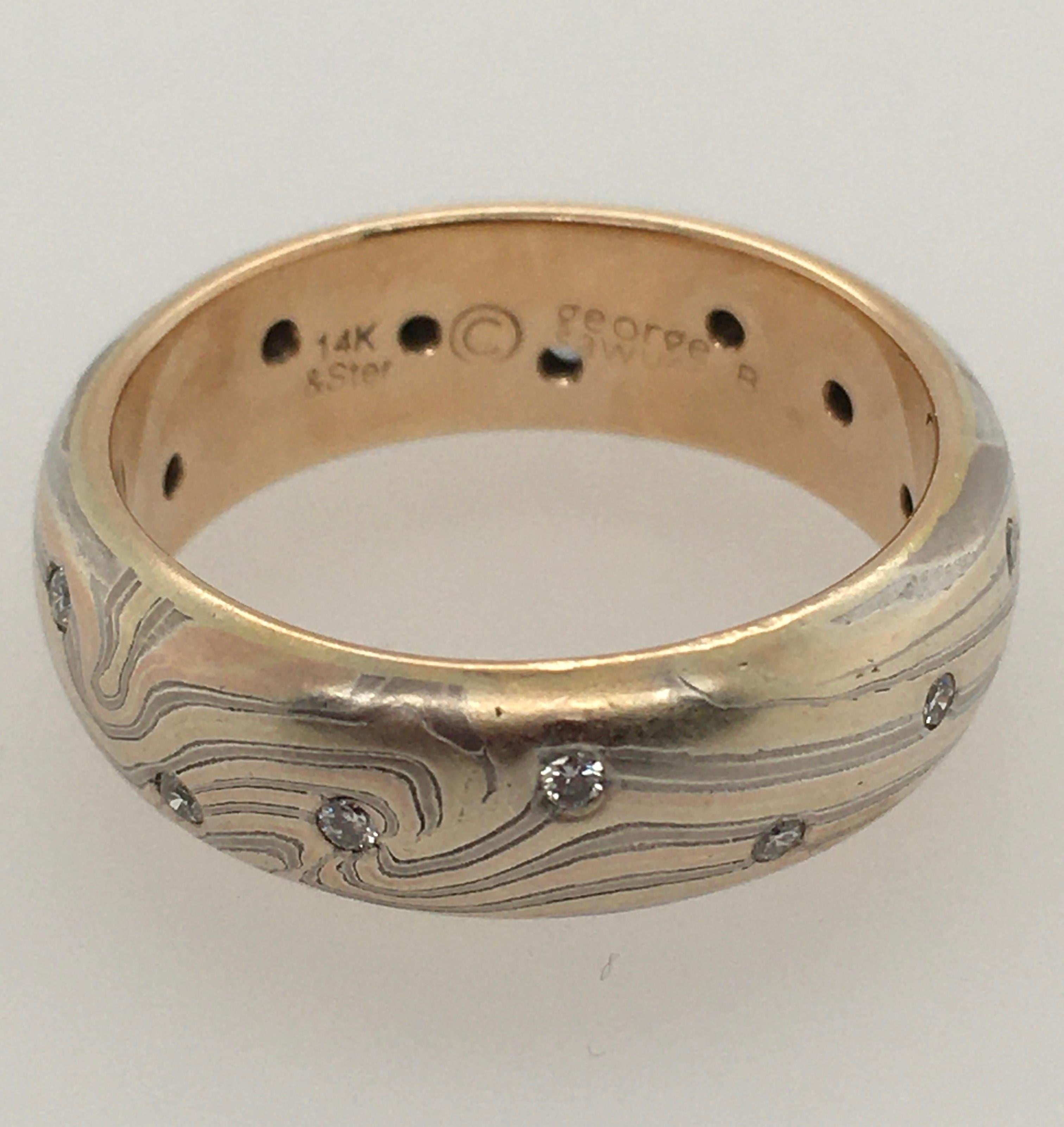 Round Cut George Sawyer Mokume Gold & Etched Sterling with Flush Set Diamonds Band For Sale