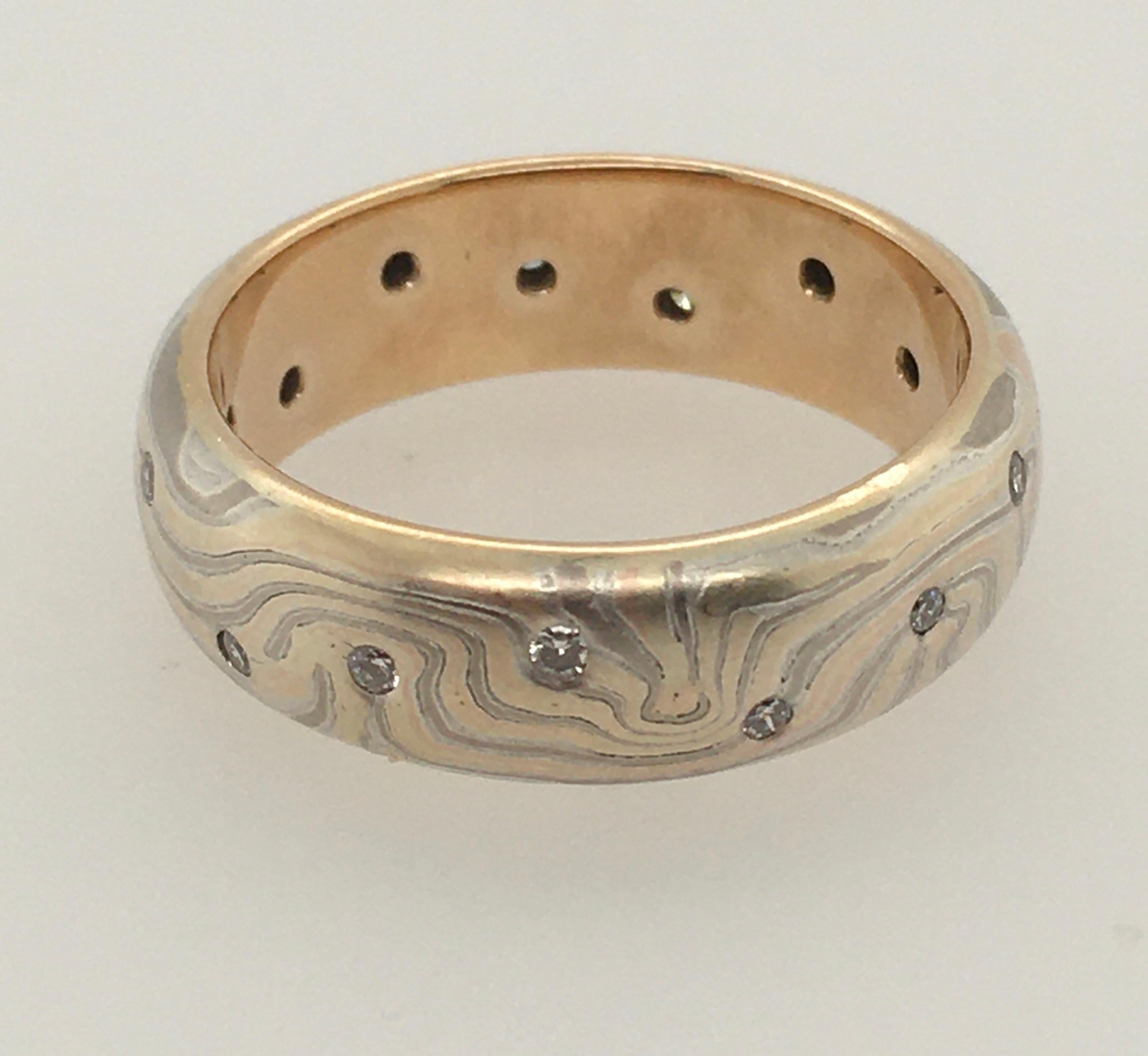 George Sawyer Mokume Gold & Etched Sterling with Flush Set Diamonds Band In Excellent Condition For Sale In Kennebunkport, ME