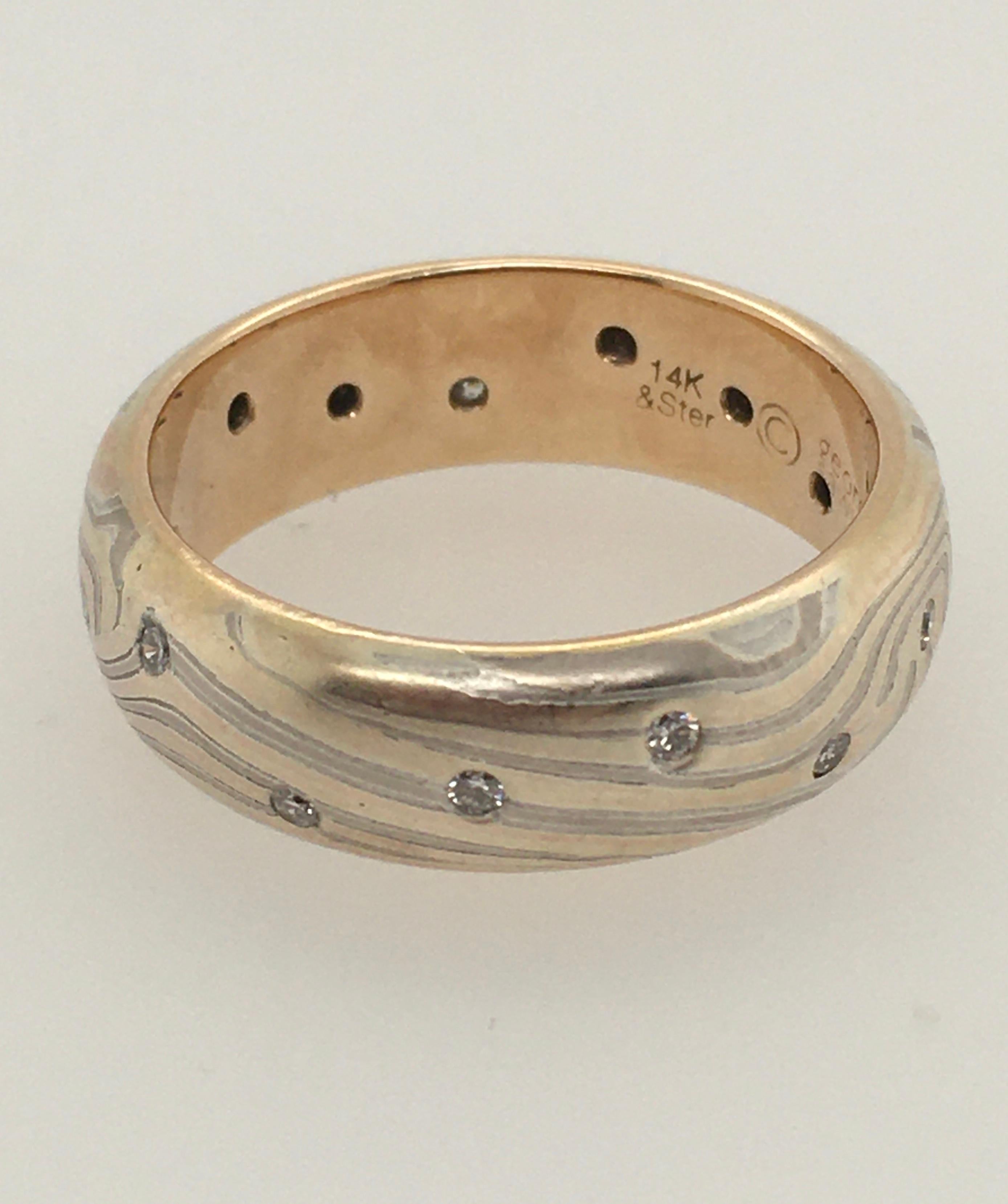 George Sawyer Mokume Gold & Etched Sterling with Flush Set Diamonds Band For Sale 1