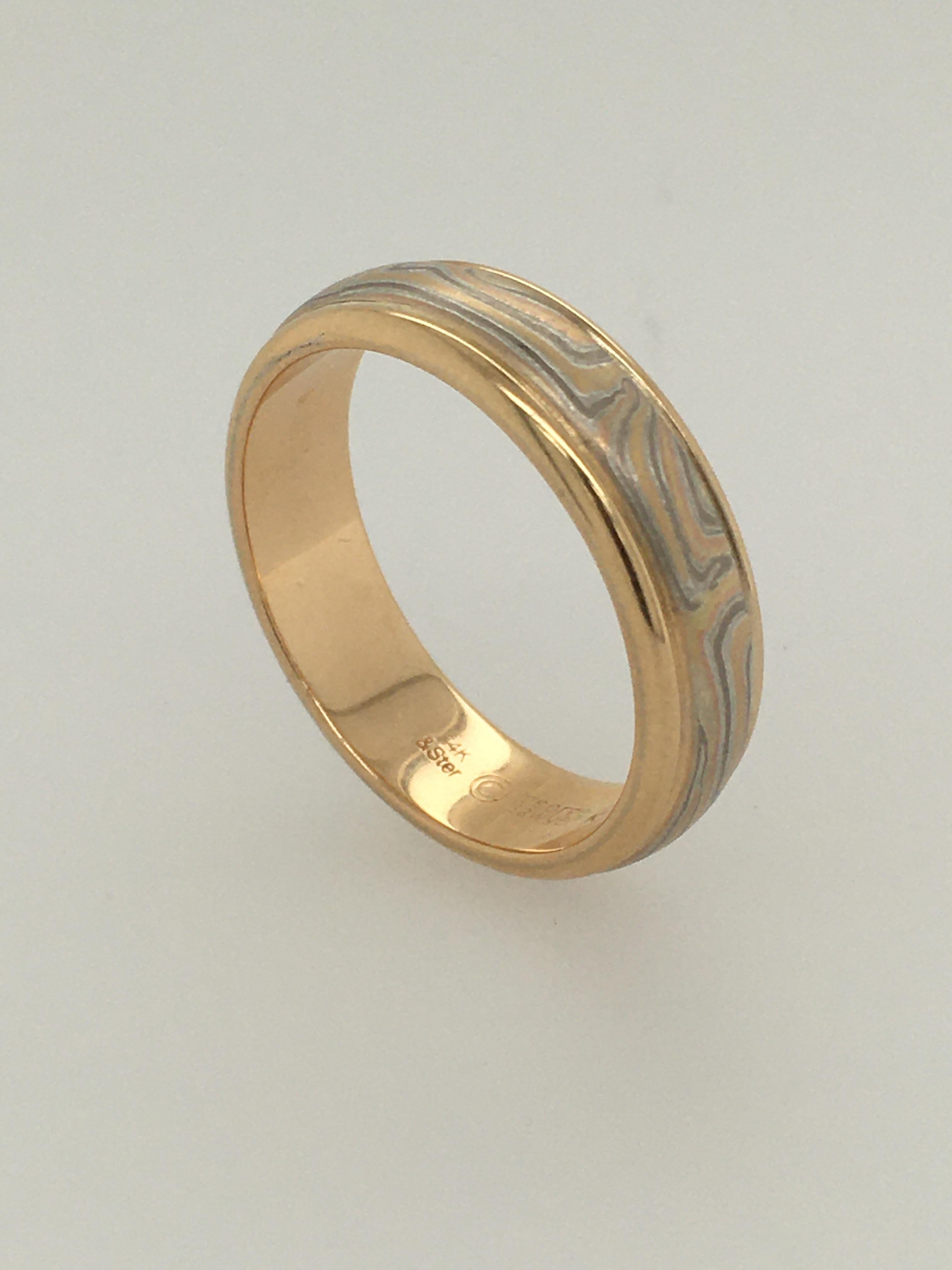 Modern GEORGE SAWYER Mokume Round Edge w/ Gold & Etched Copper Ring