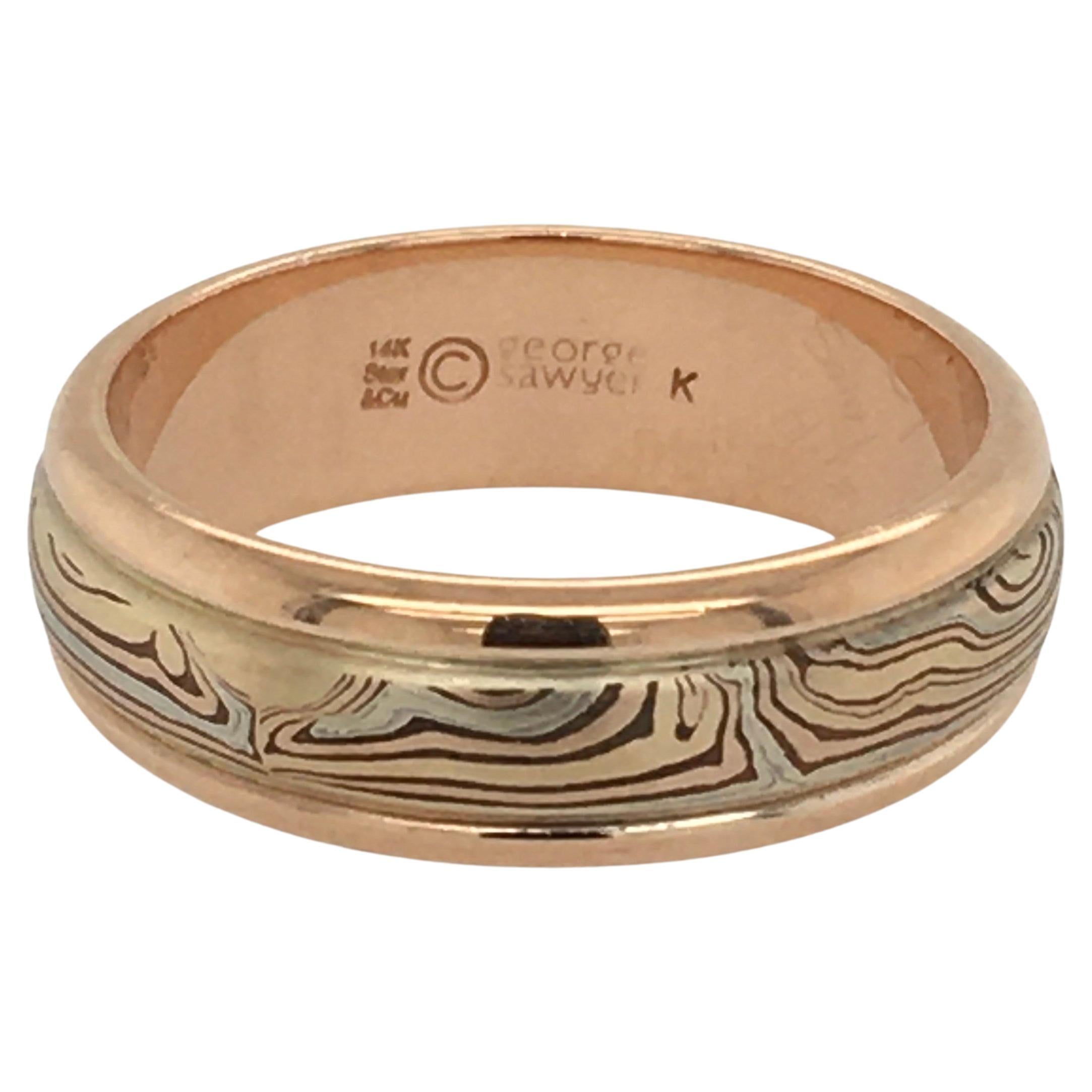 GEORGE SAWYER 14k Red & Yellow Gold with SS & Copper 7 mm Mokume Round Edge Band For Sale