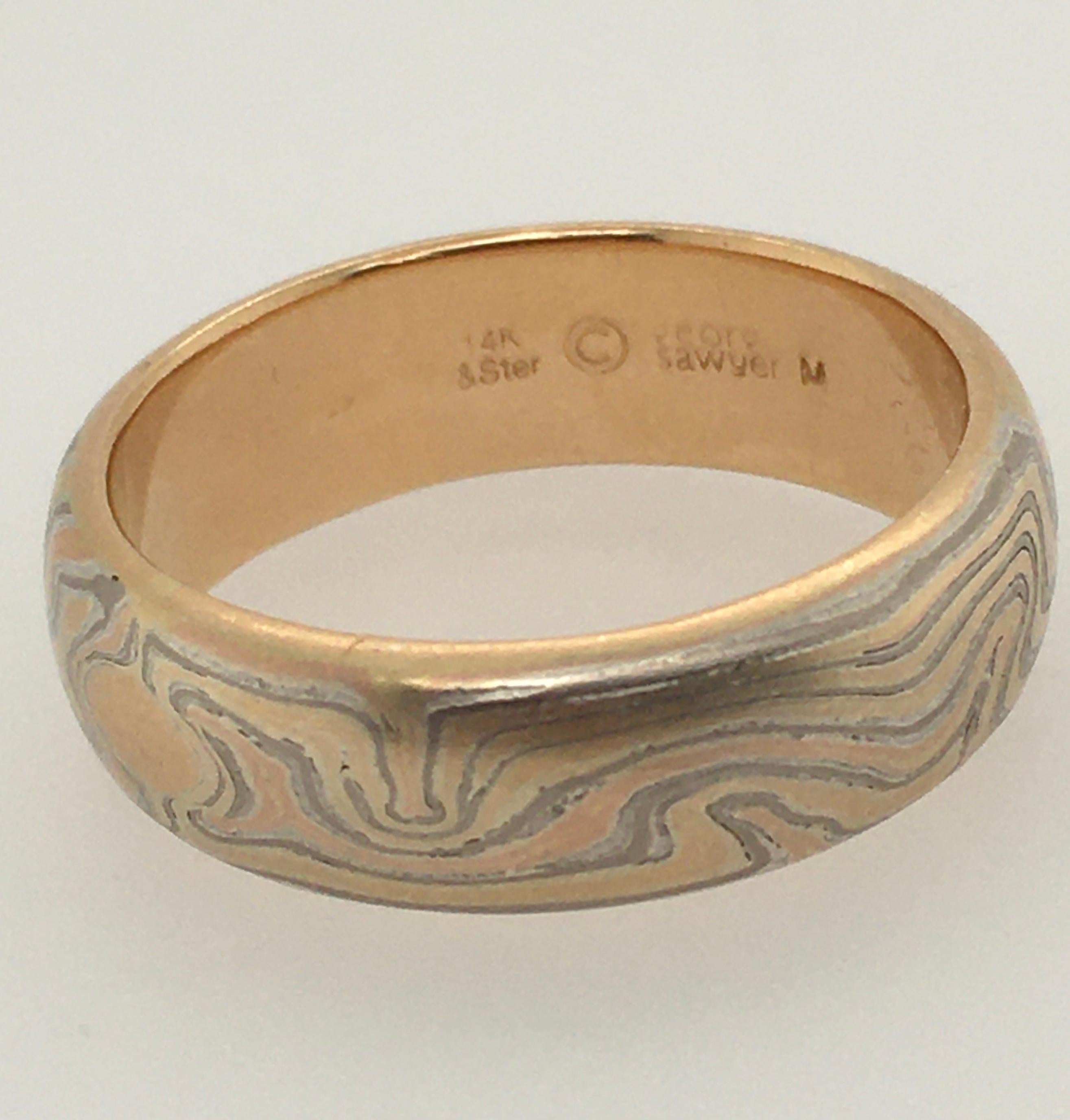 Modern 25% OFF SALE!  GEORGE SAWYER Mokume Sterling, Copper & Rose Gold Round Edge Band For Sale