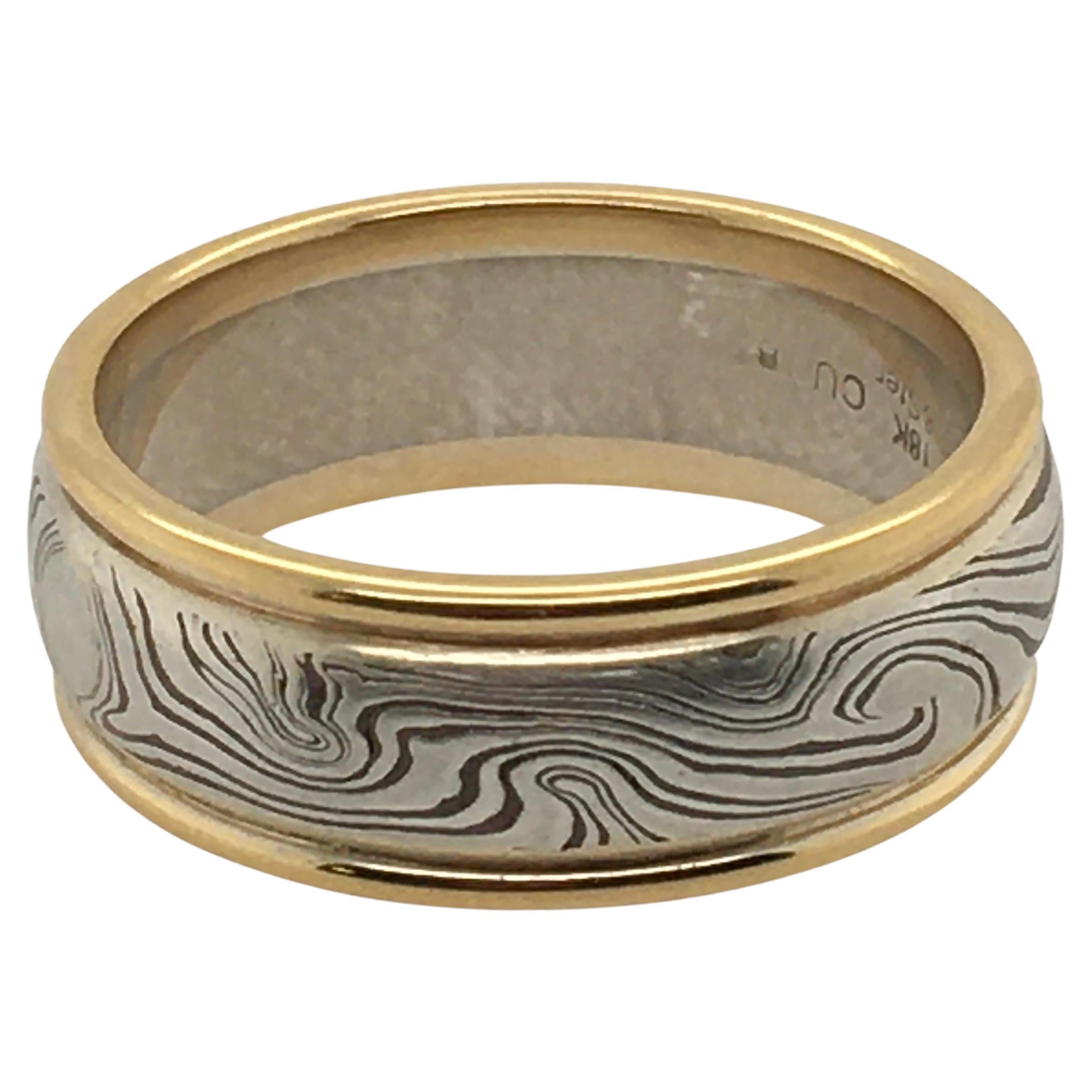 George Sawyer Mokume Sterling, Copper and Yellow Gold Round-Edge Wedding Ring For Sale