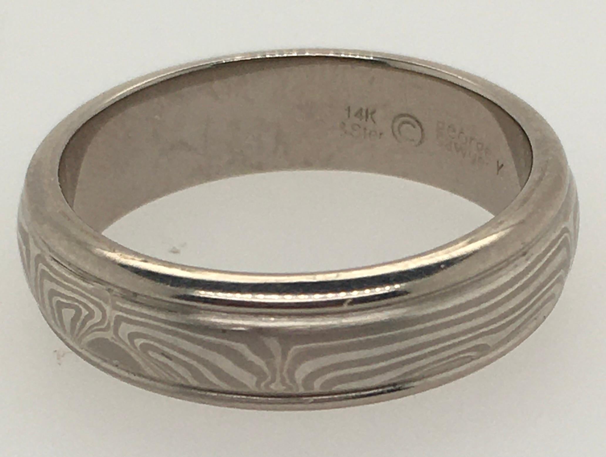 George Sawyer Handcrafted Mokume 14K Gray Gold & Etched Sterling 6 mm Men's Band For Sale 4