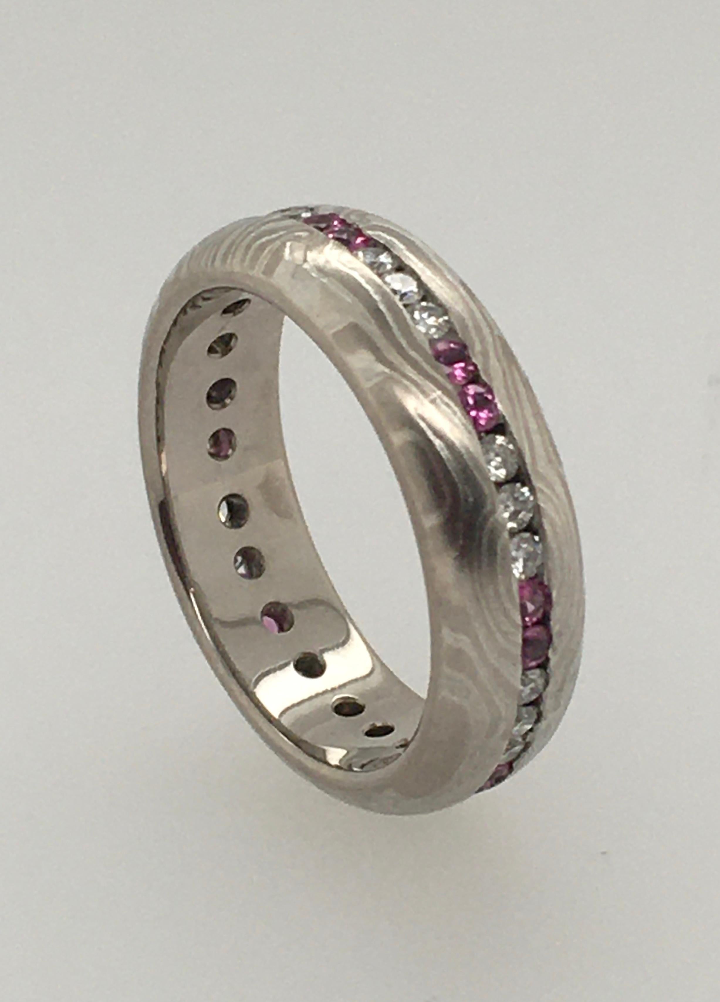 George Sawyer Mokume 14k WG & SS Symmetrie-Ring mit rosa Saphiren und Diamanten, George Sawyer (Rundschliff) im Angebot