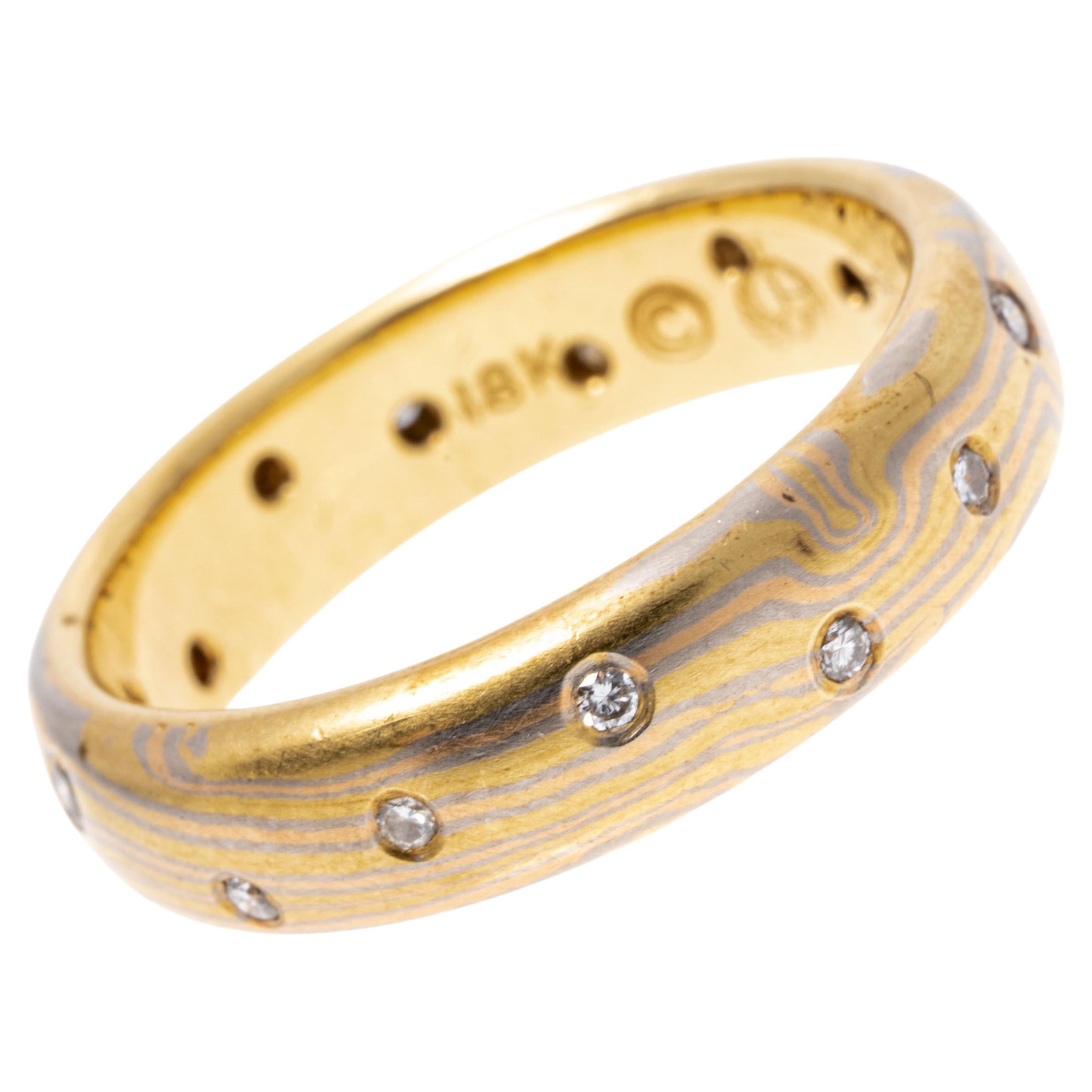 George Sawyer Signed 18k Mokume Gani Diamond Band Ring For Sale