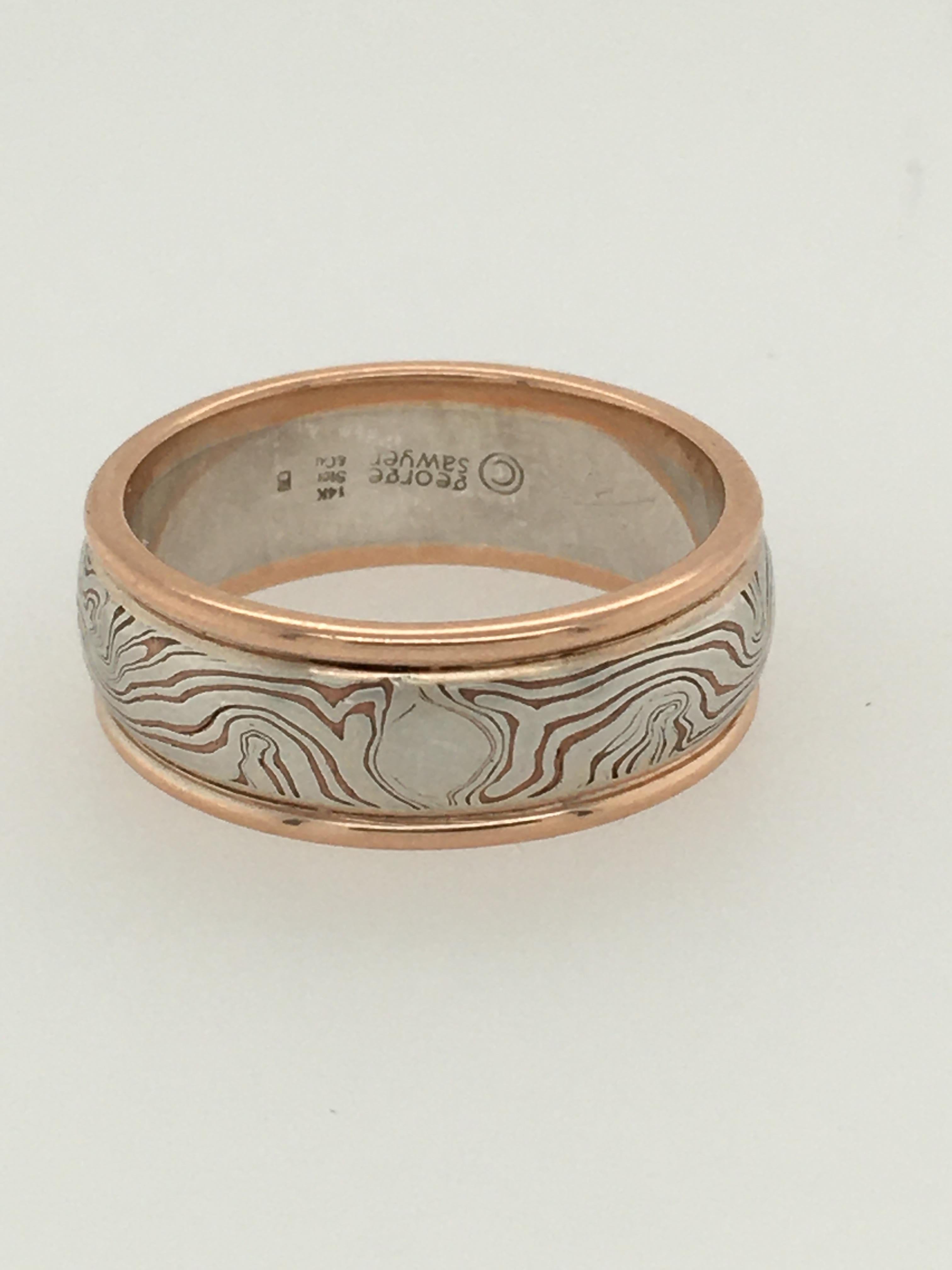 Modern George Sawyer Sterling & Copper Mokume Design with Red Gold Round Edge Ring For Sale