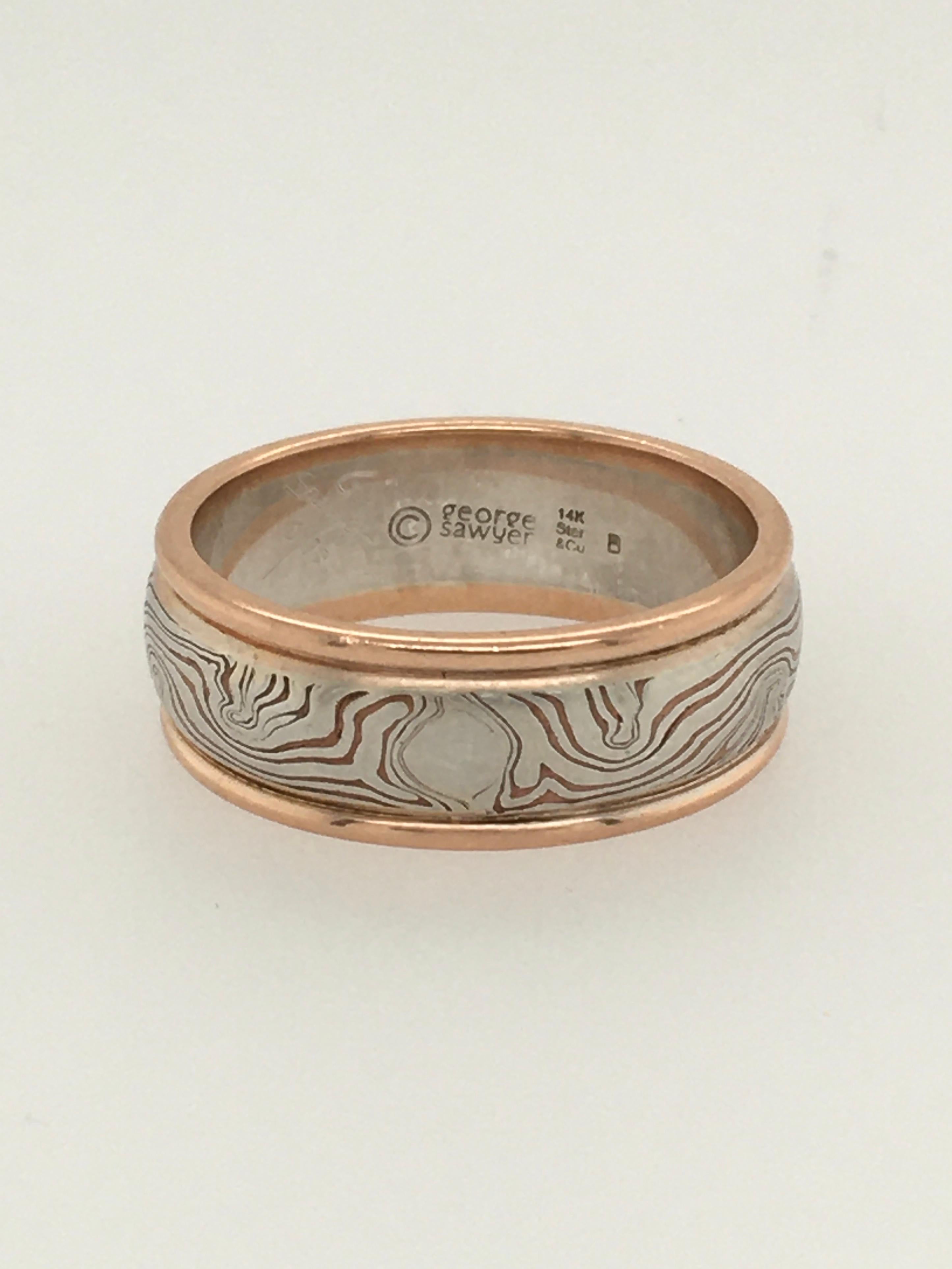 George Sawyer Sterling & Copper Mokume Design with Red Gold Round Edge Ring In Excellent Condition For Sale In Kennebunkport, ME