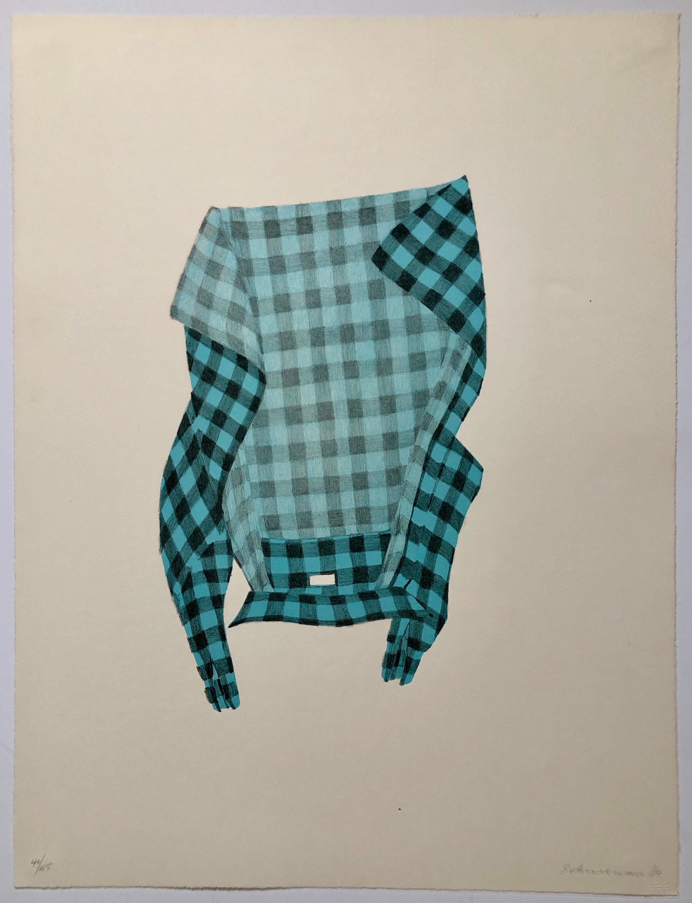 Untitled Still Life Hanging Plaid Shirt, Figurative Poetry Lithograph - Print by George Schneeman