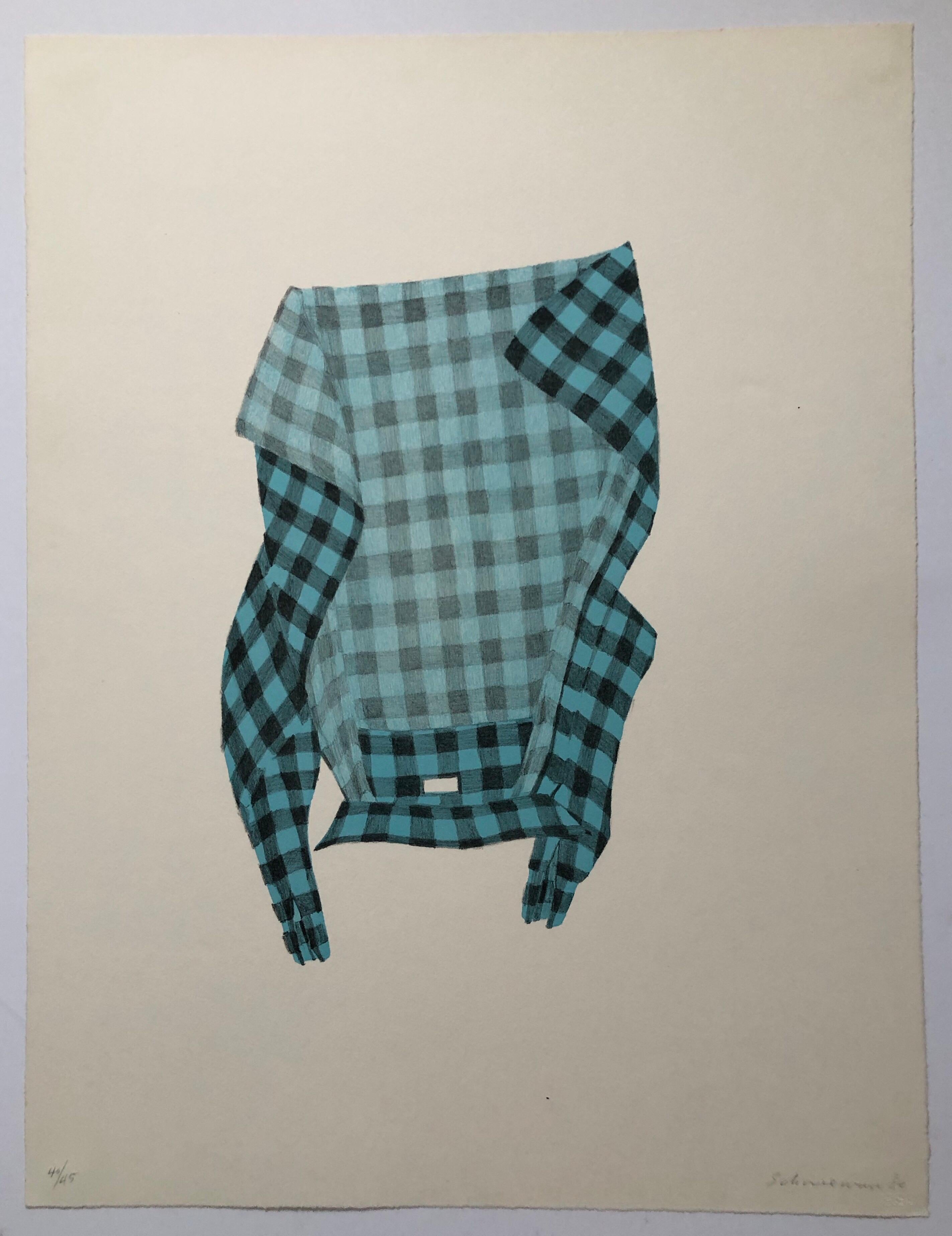 Natura morta senza titolo con camicia a quadri appesa, litografia di poesia figurativa - Print American Modern di George Schneeman