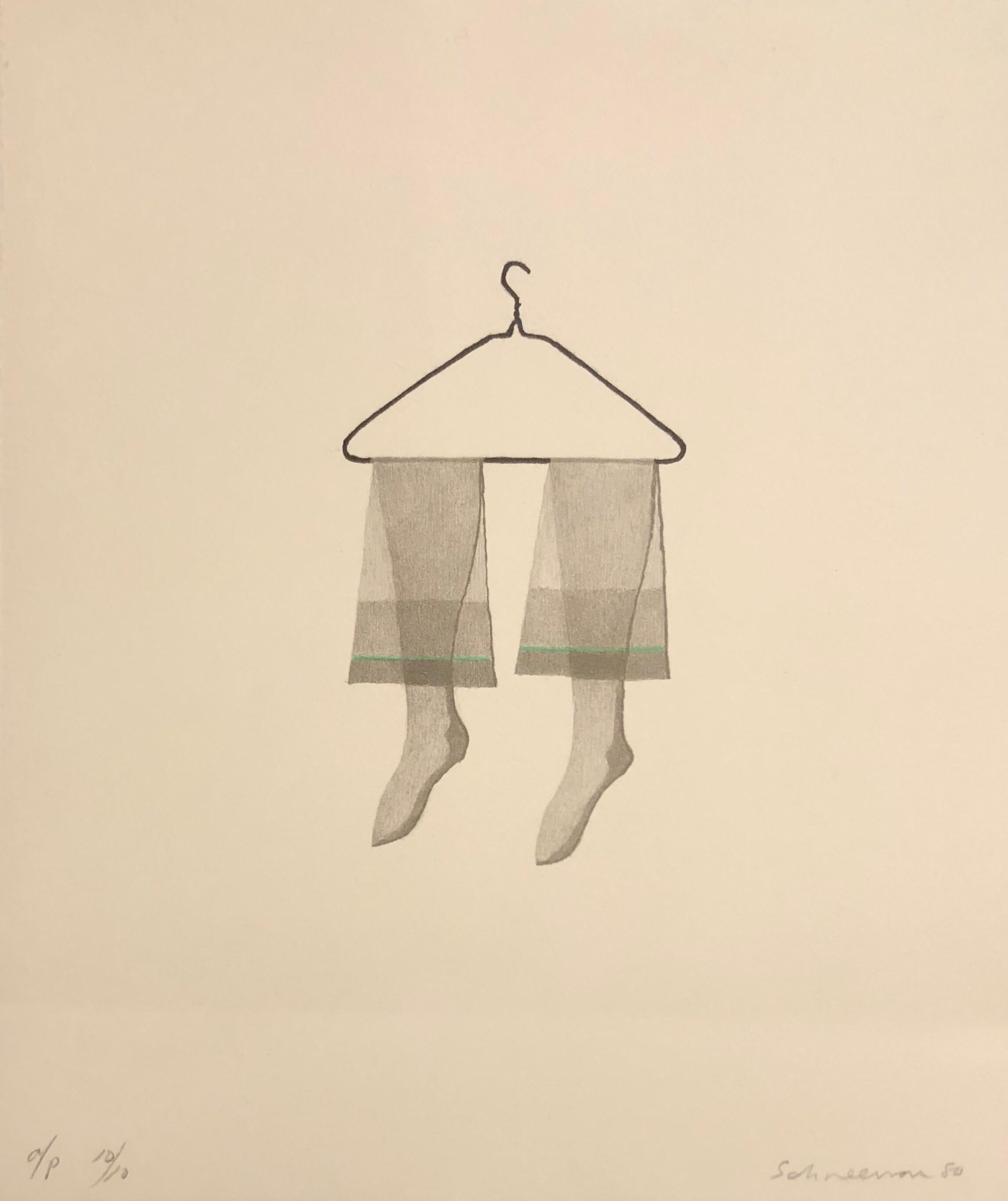 Untitled Still Life Hanging Tights in Green, Figurative Poetry Lithograph - Print by George Schneeman