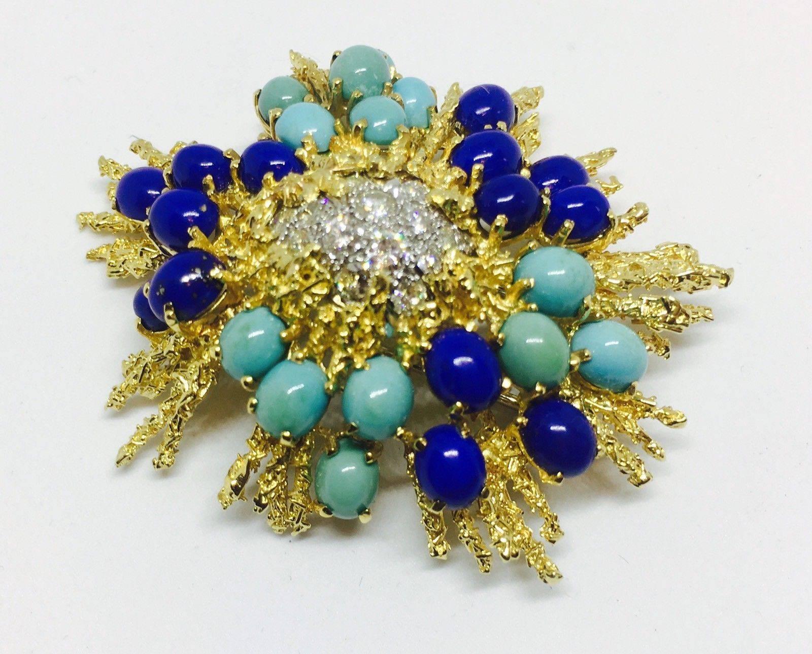 Impressive 1950s Turquoise Lapis Diamond 18k Gold Brooch / Pin / Necklace Pendant by Designer George Schuler (who designed and manufactured jewelry pieces for jewelry houses such as Tiffany, Cartier, and Neiman Marcus).  Consisting of an 18-karat