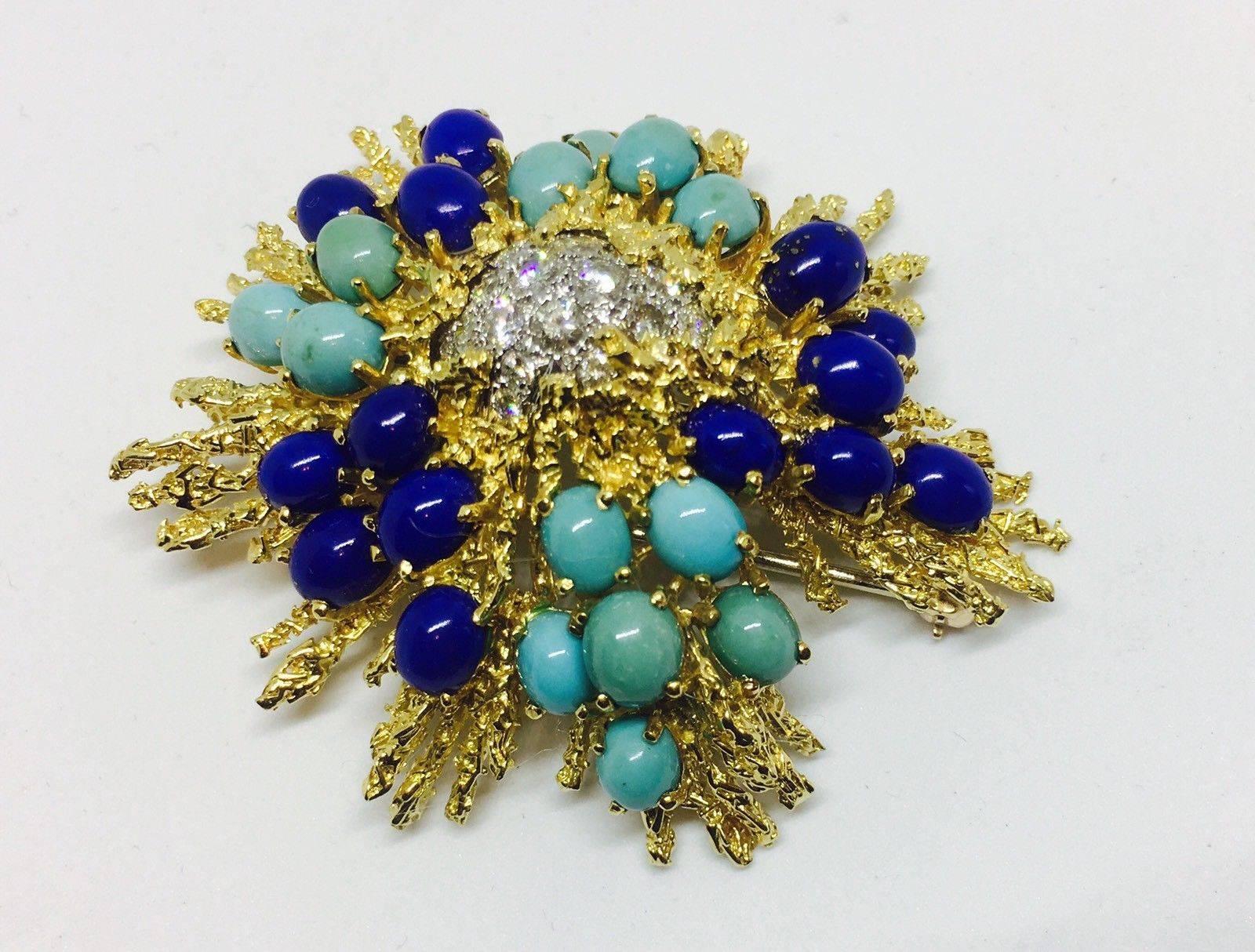 Retro George Schuler 18 Karat Gold Lapis Turquoise Diamond Brooch Pin Necklace Pendant For Sale