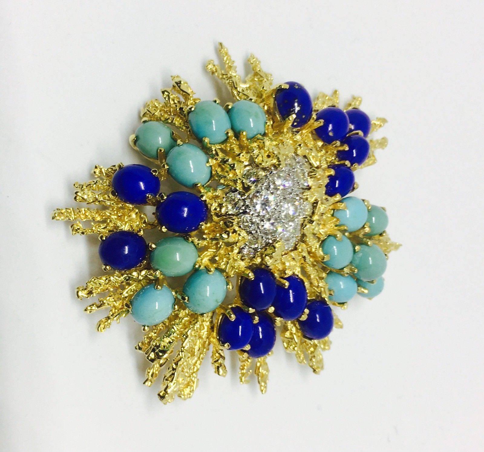 George Schuler 18 Karat Gold Lapis Turquoise Diamond Brooch Pin Necklace Pendant In Excellent Condition For Sale In Shaker Heights, OH