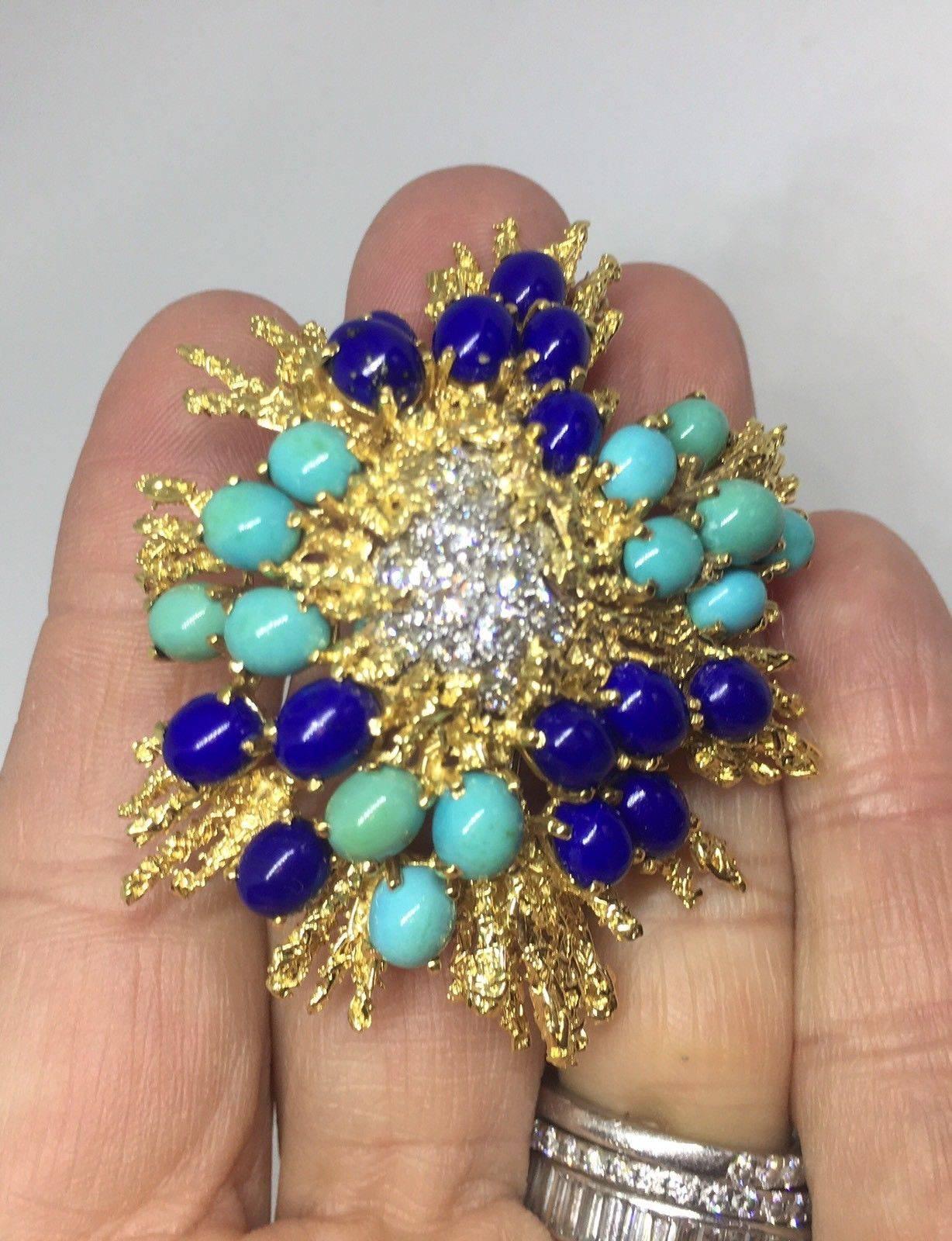 Women's George Schuler 18 Karat Gold Lapis Turquoise Diamond Brooch Pin Necklace Pendant For Sale