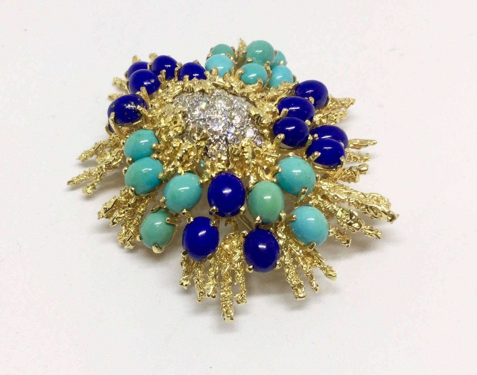 George Schuler 18 Karat Gold Lapis Turquoise Diamond Brooch Pin Necklace Pendant For Sale 1