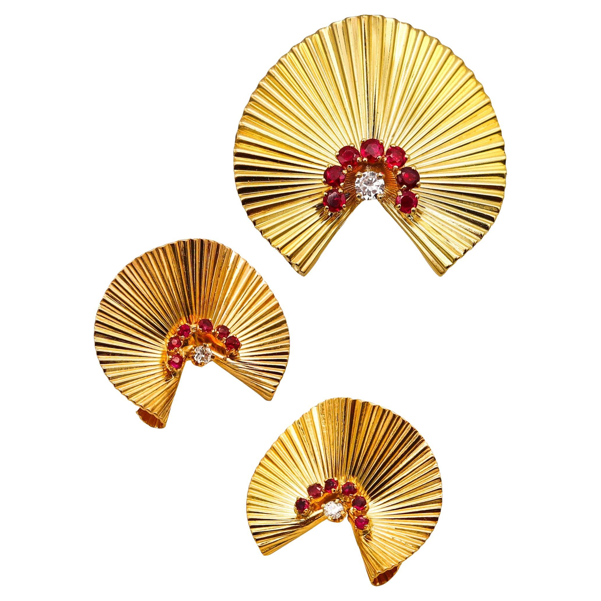 George Schuler 1950 Earrings & Brooch Set 18kt Gold with 1.47 Cts Diamond Rubies