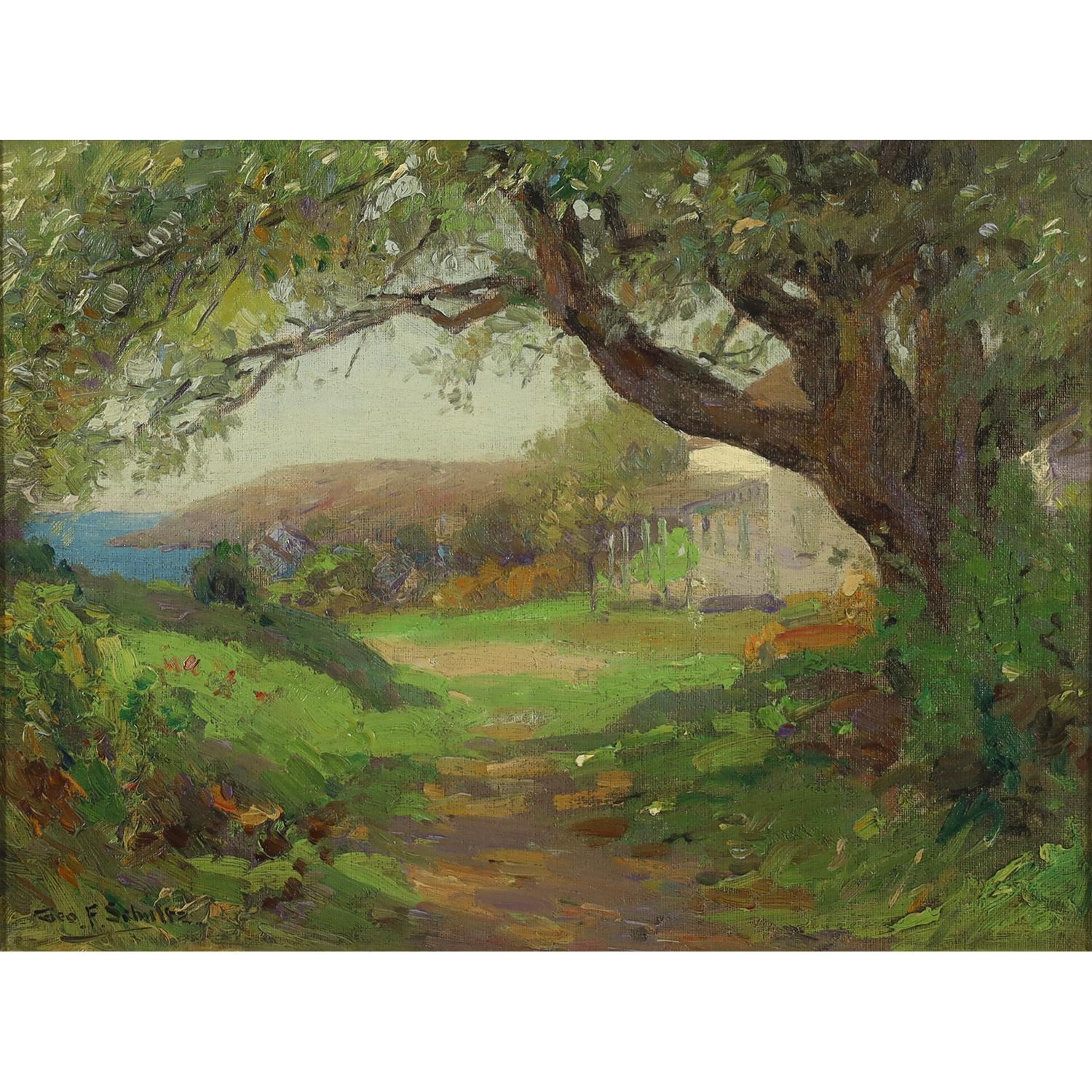George Schultz Landscape Painting - Bright and colorful Impressionist coastal scene painting by George F. Schultz