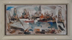 Vintage American School Modernist New York City Harbor Signed Abstract Painting