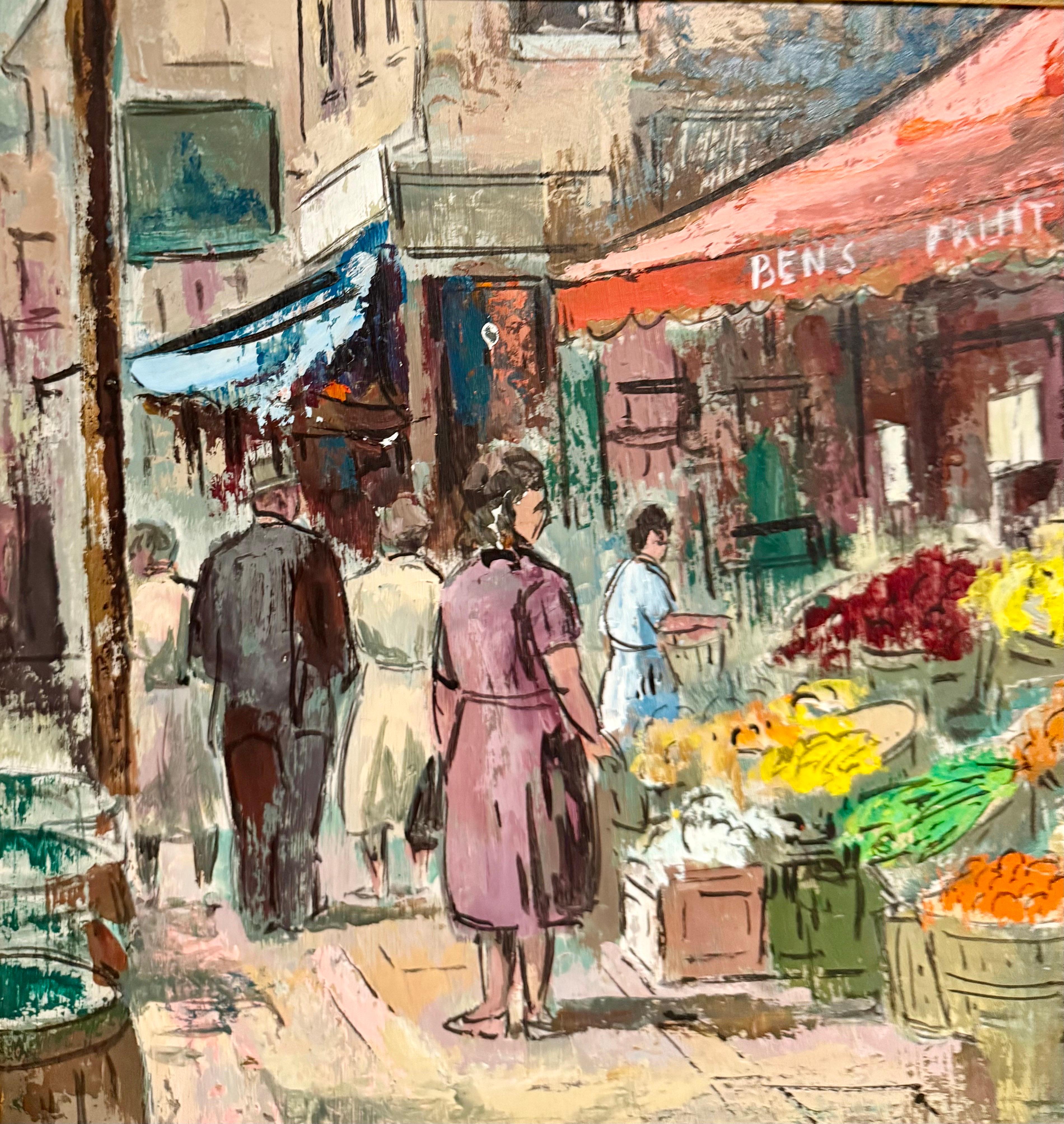 Modernist Oil Painting George Schwacha Brooklyn Street Scene Fruit Market WPA For Sale 9