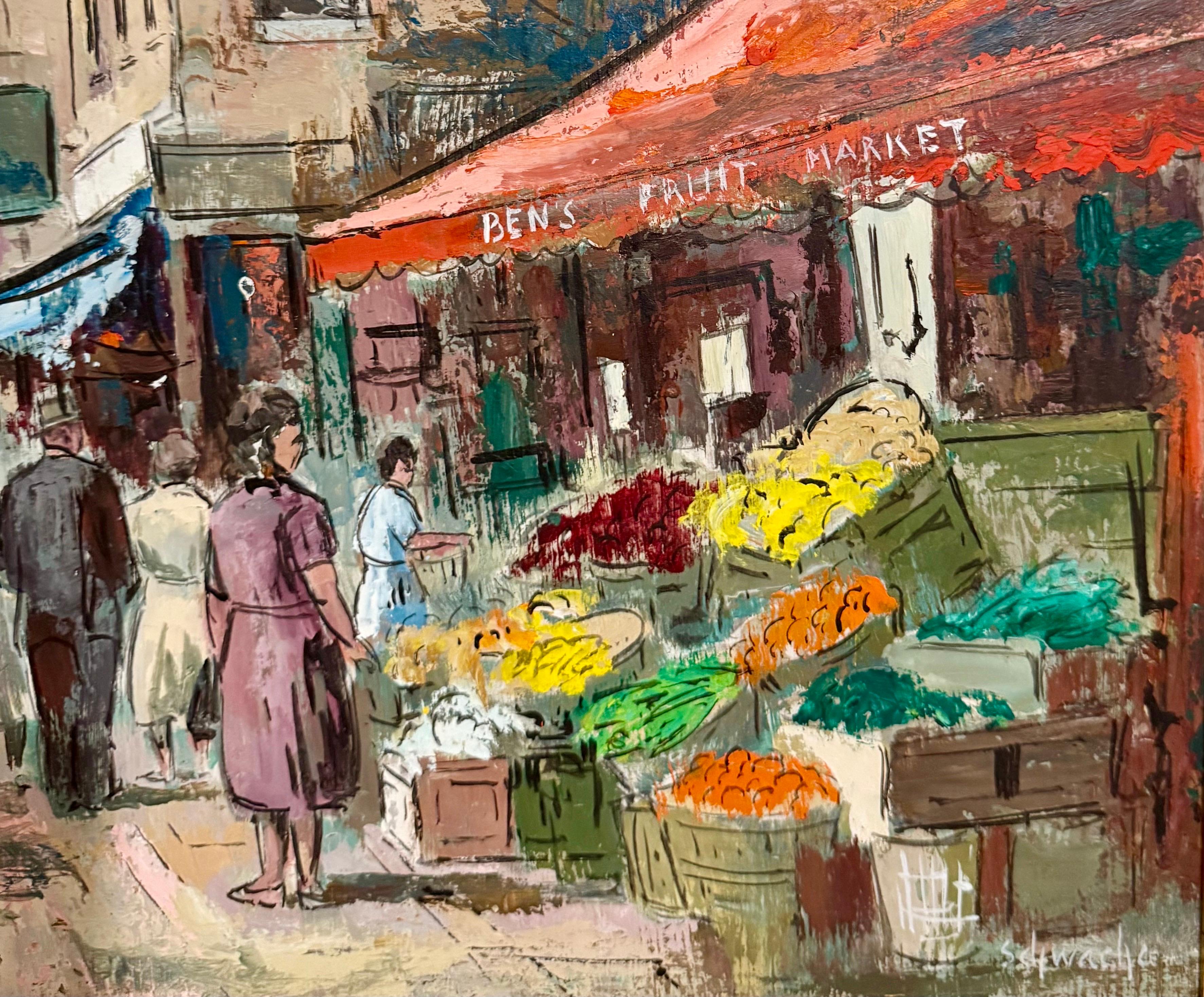 Modernist Oil Painting George Schwacha Brooklyn Street Scene Fruit Market WPA For Sale 10