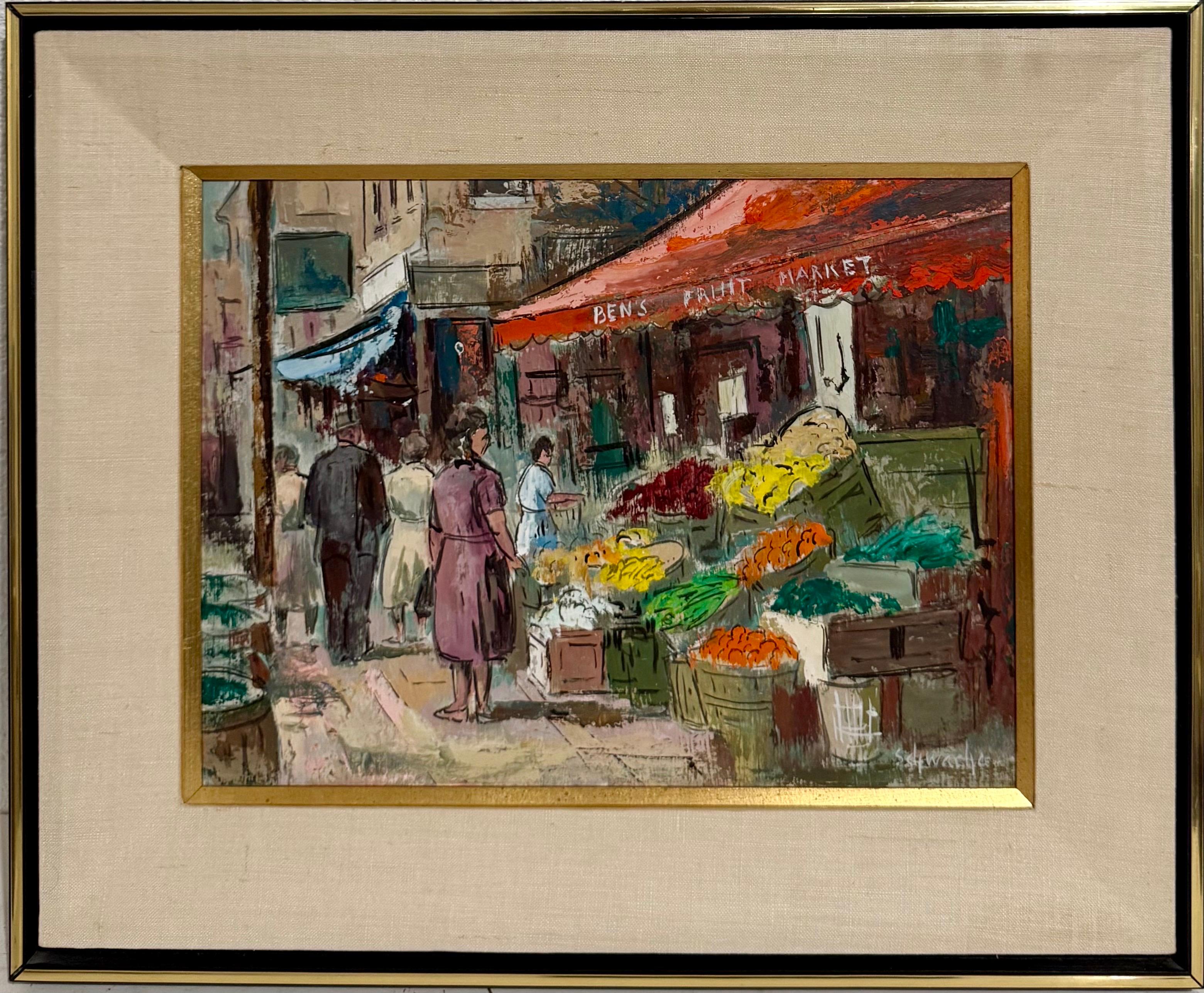 Modernist Oil Painting George Schwacha Brooklyn Street Scene Fruit Market WPA - Brown Landscape Painting by George Schwacha Jr