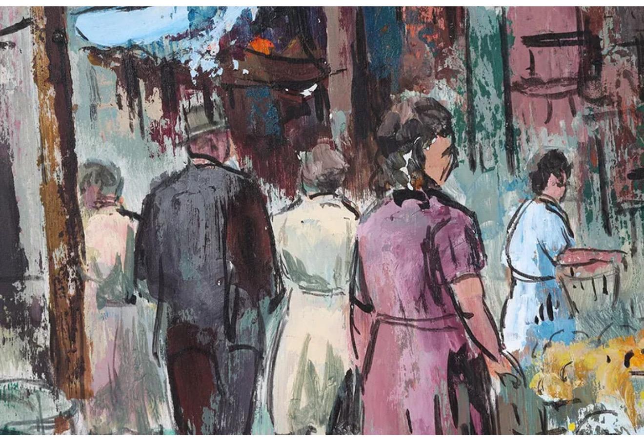 Modernist Oil Painting George Schwacha Brooklyn Street Scene Fruit Market WPA For Sale 2