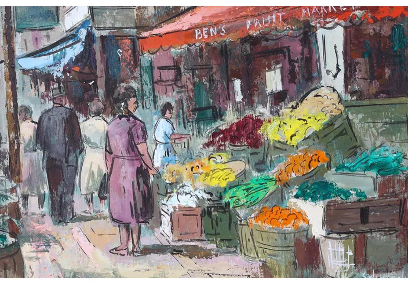 Modernist Oil Painting George Schwacha Brooklyn Street Scene Fruit Market WPA For Sale 3