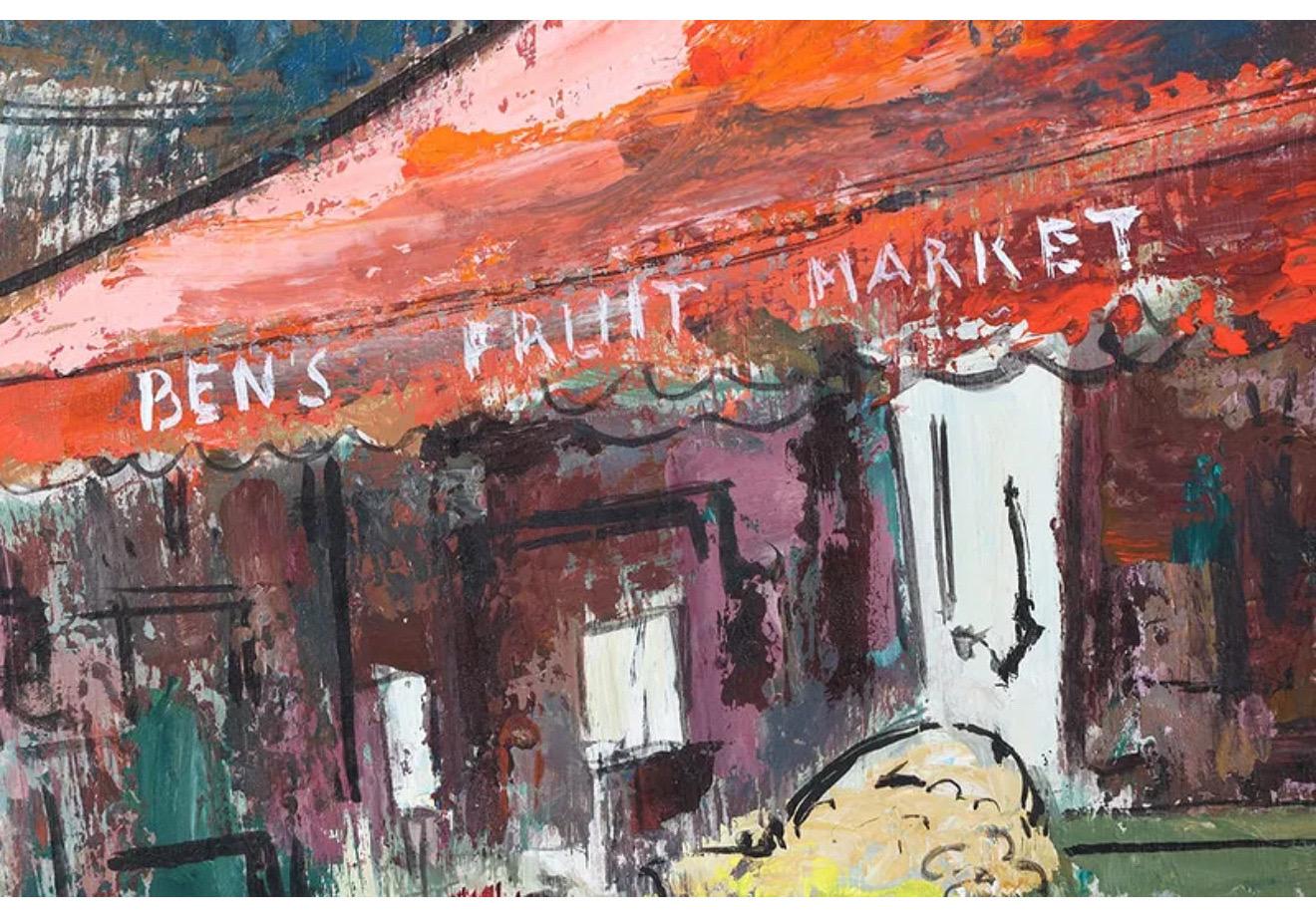 Modernist Oil Painting George Schwacha Brooklyn Street Scene Fruit Market WPA For Sale 4
