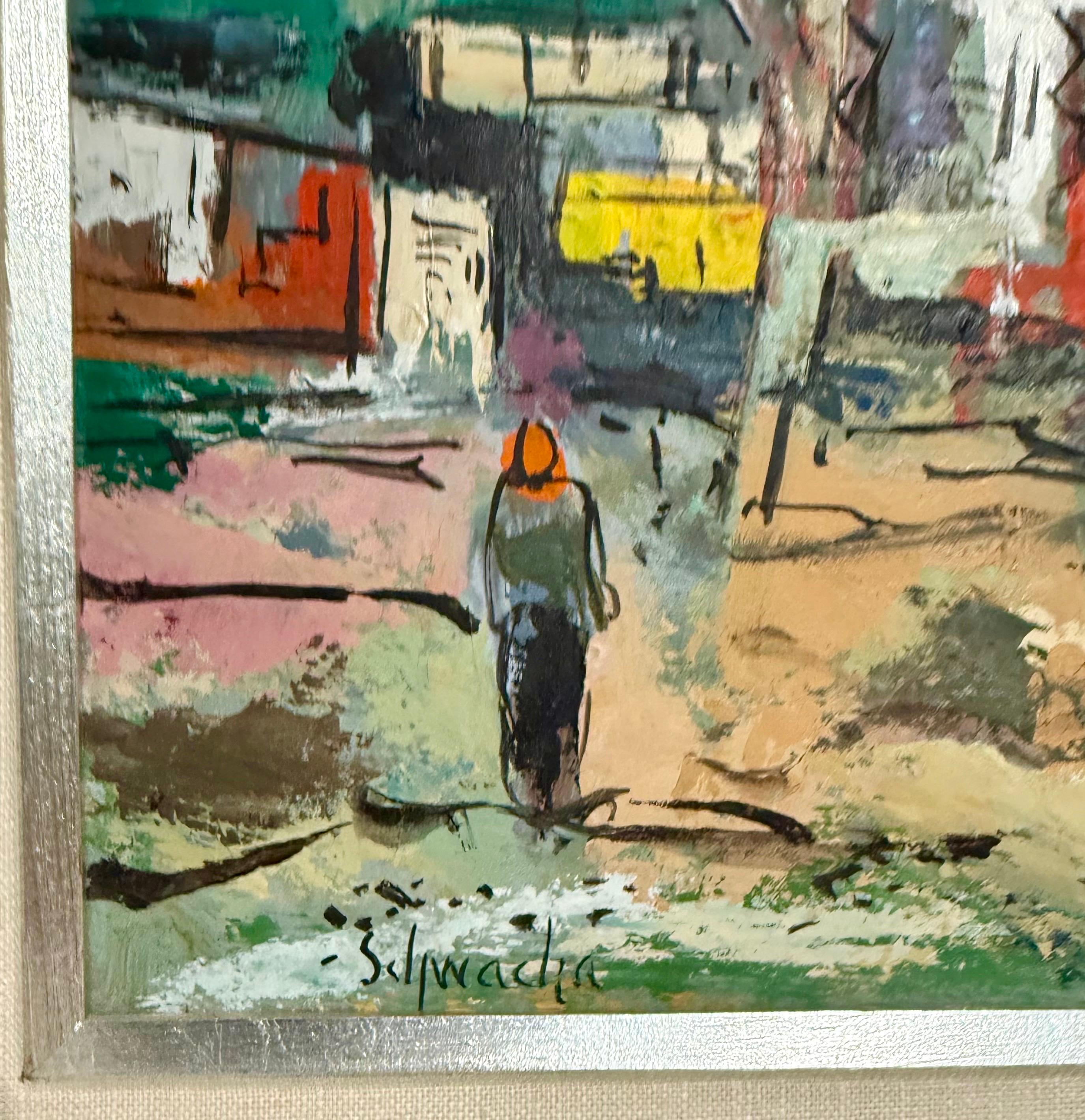 Modernist Oil Painting George Schwacha Brooklyn Street Scene Fruit Market WPA For Sale 6