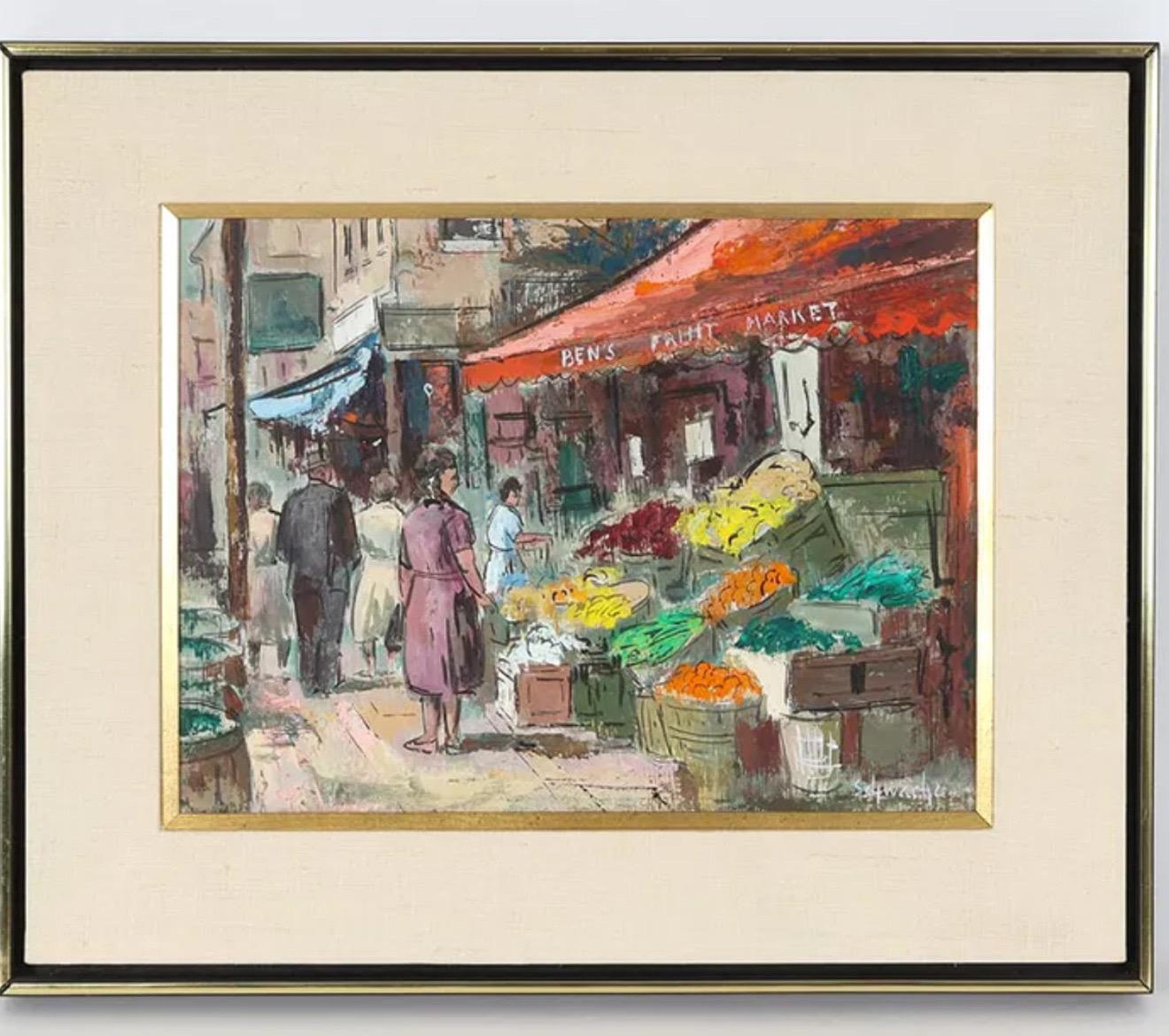 Modernist Oil Painting George Schwacha Brooklyn Street Scene Fruit Market WPA