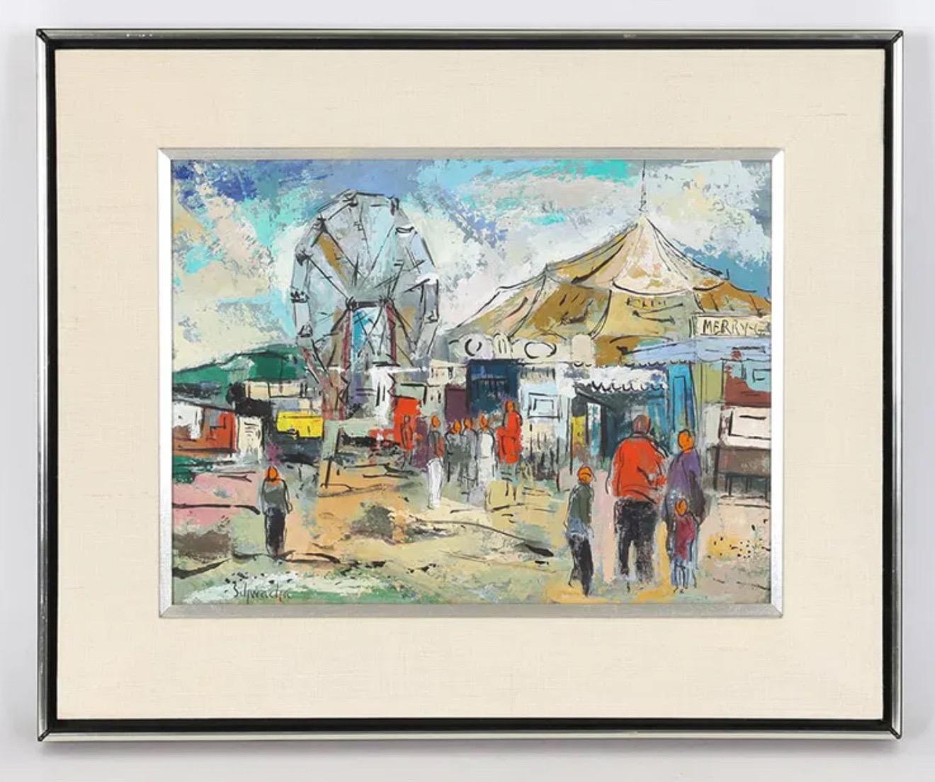 Modernist Oil Painting George Schwacha Carnival Circus Big Top Ferris Wheel WPA - Brown Figurative Painting by George Schwacha Jr