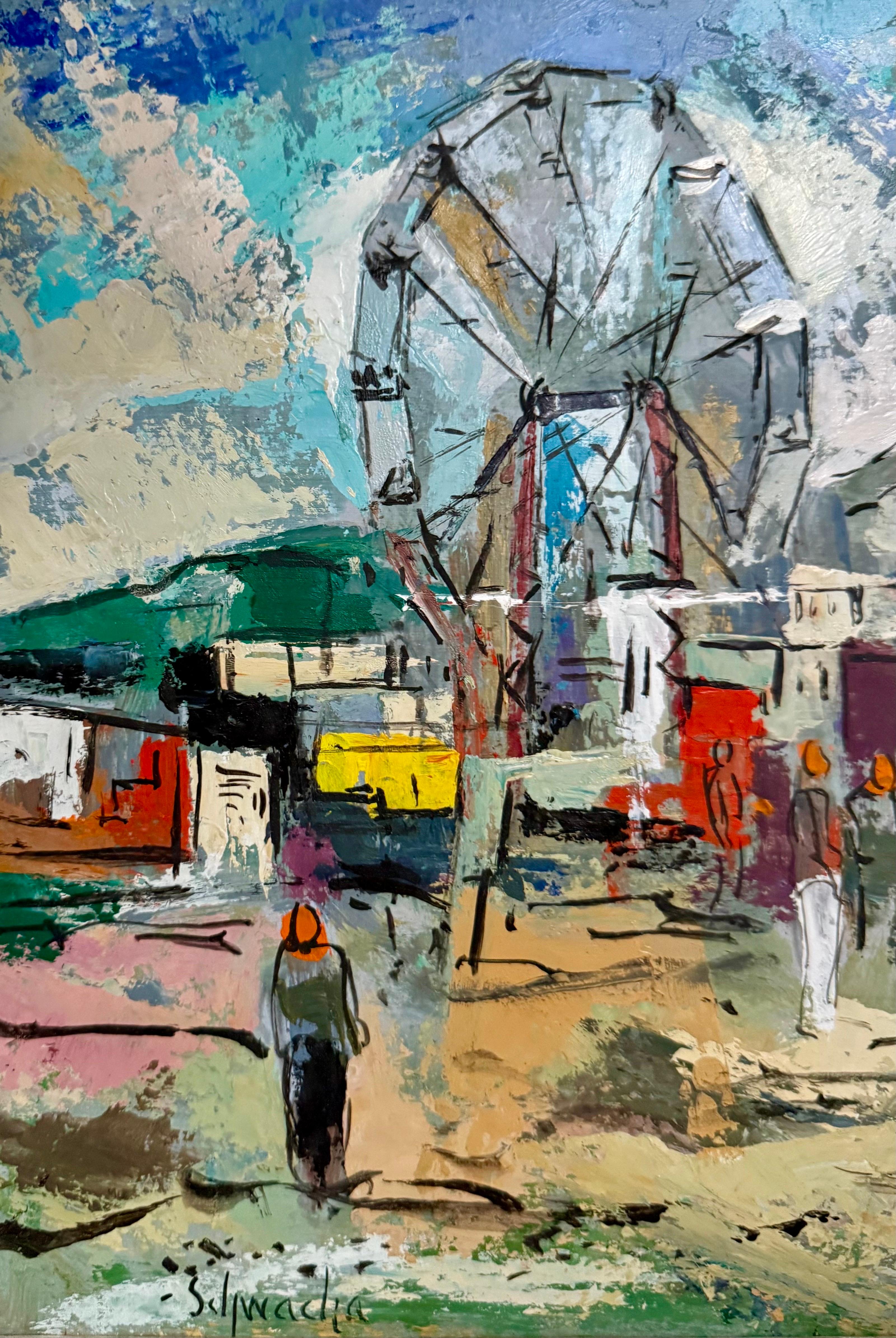 Modernist Oil Painting George Schwacha Carnival Circus Big Top Ferris Wheel WPA For Sale 3