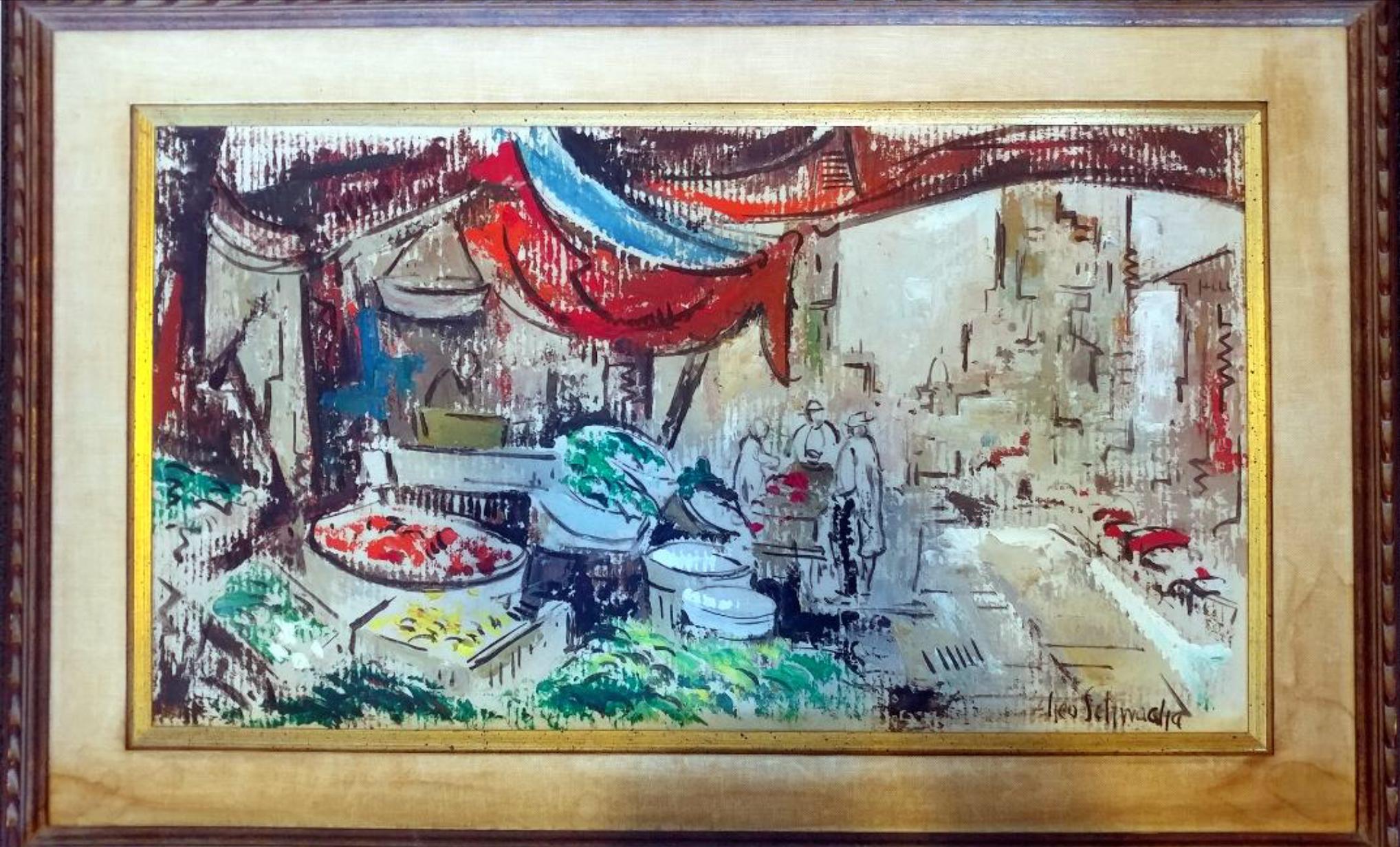 All original and authentic work by American artist George Schwacha.
Oil on board.
Depicts a market scene in the 1960s.
Artist hand signed and titled Paddy’s Market, on back.
Exhibit label by the gallery intact on back.
Original frame of the
