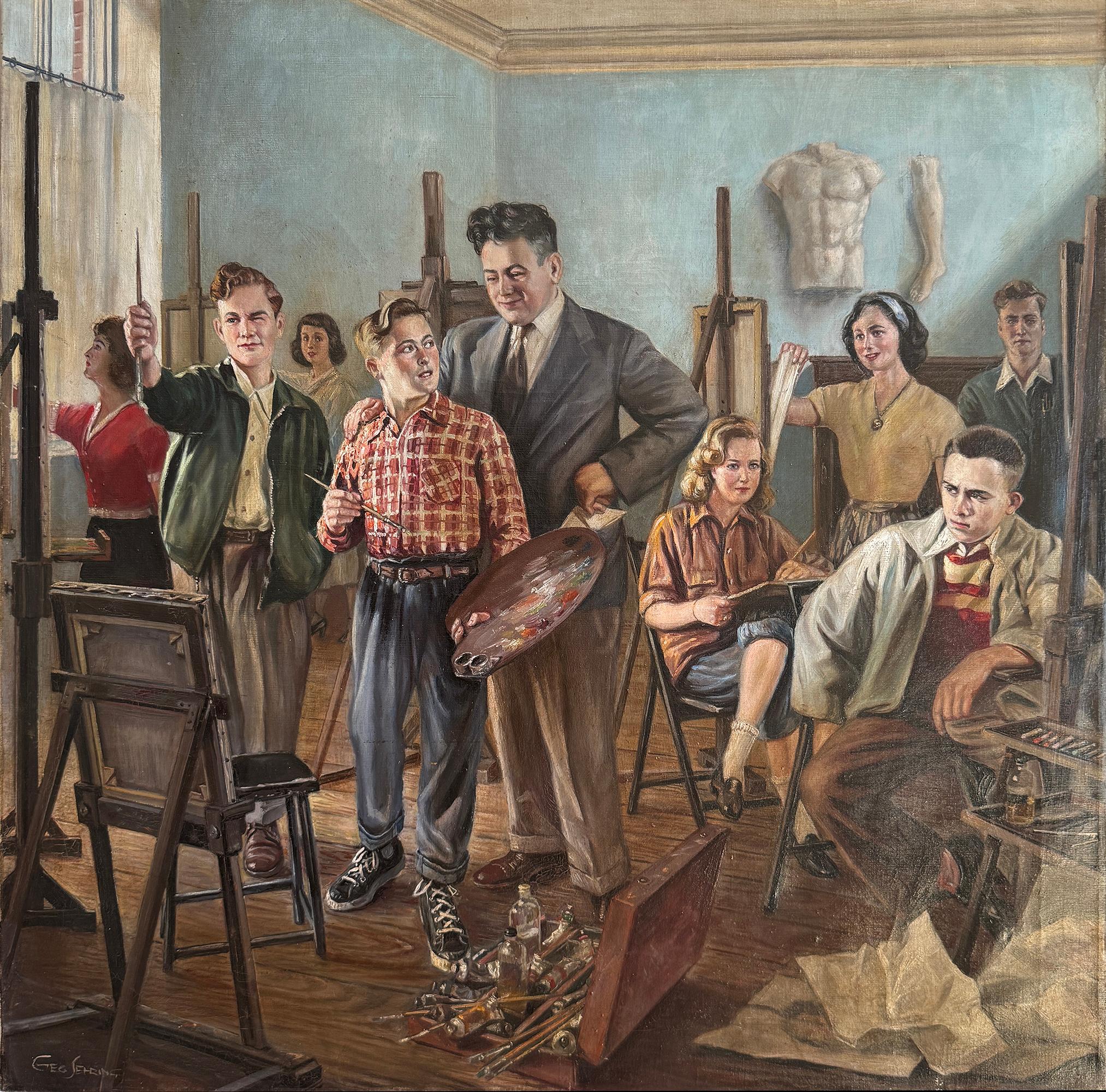 George SEHRING (German, active early–mid 20th century). German/American

Oil on canvas depicting an Art studio scene, circa 1930s–1940s
Measurements: 25” x 25” without the frame - 28”1/2 x 28”1/2 with frame
Signed lower left GEO SEHRING
Provenance: