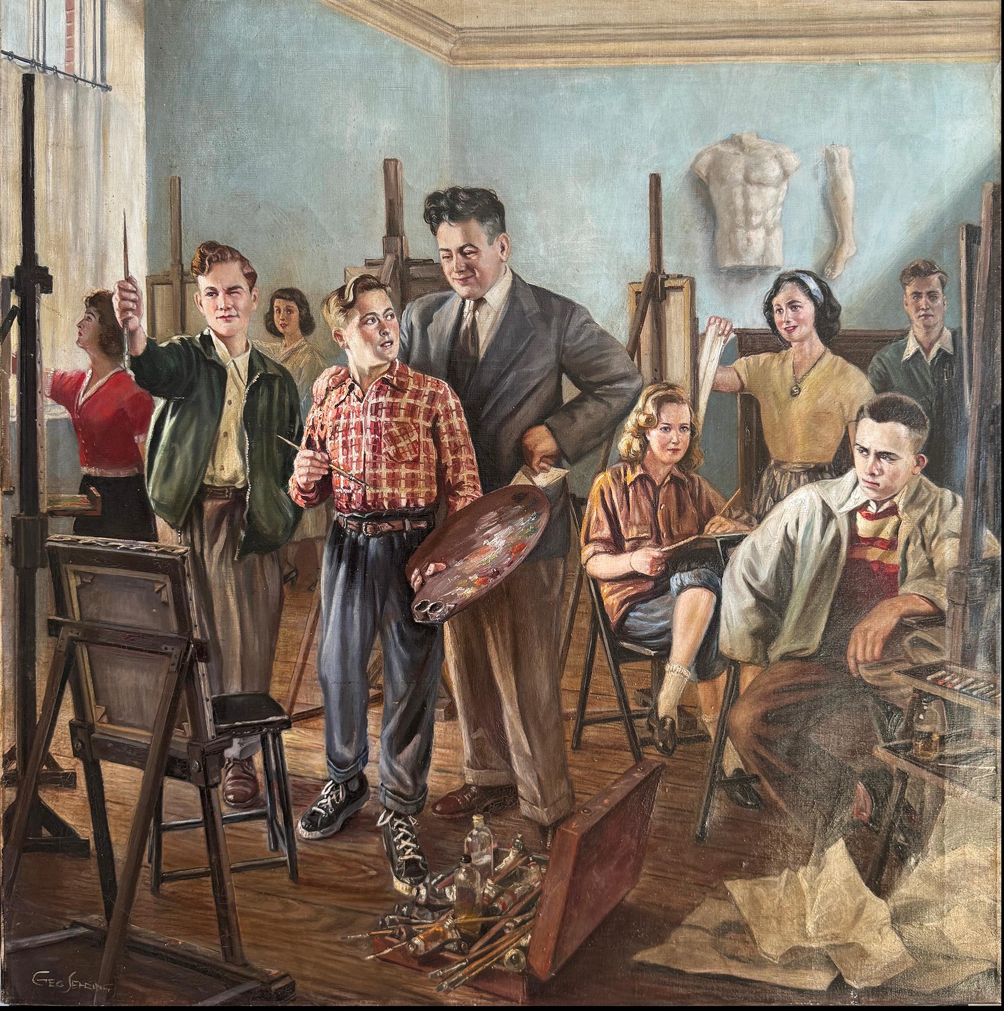 Milieu du XXe siècle George SEHRING - Huile sur toile représentant une scène de studio d'art, vers les années 1930-1940. en vente
