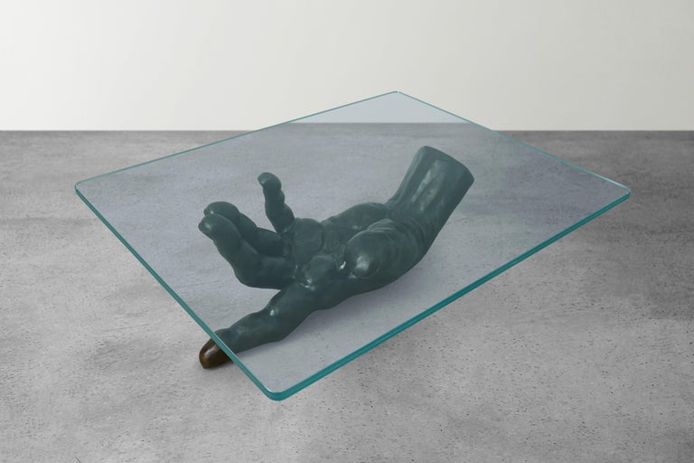 George Sellers, 'The Hand Table,' Bronze Coffee Table with Laminated Glass In New Condition For Sale In Beverly Hills, CA