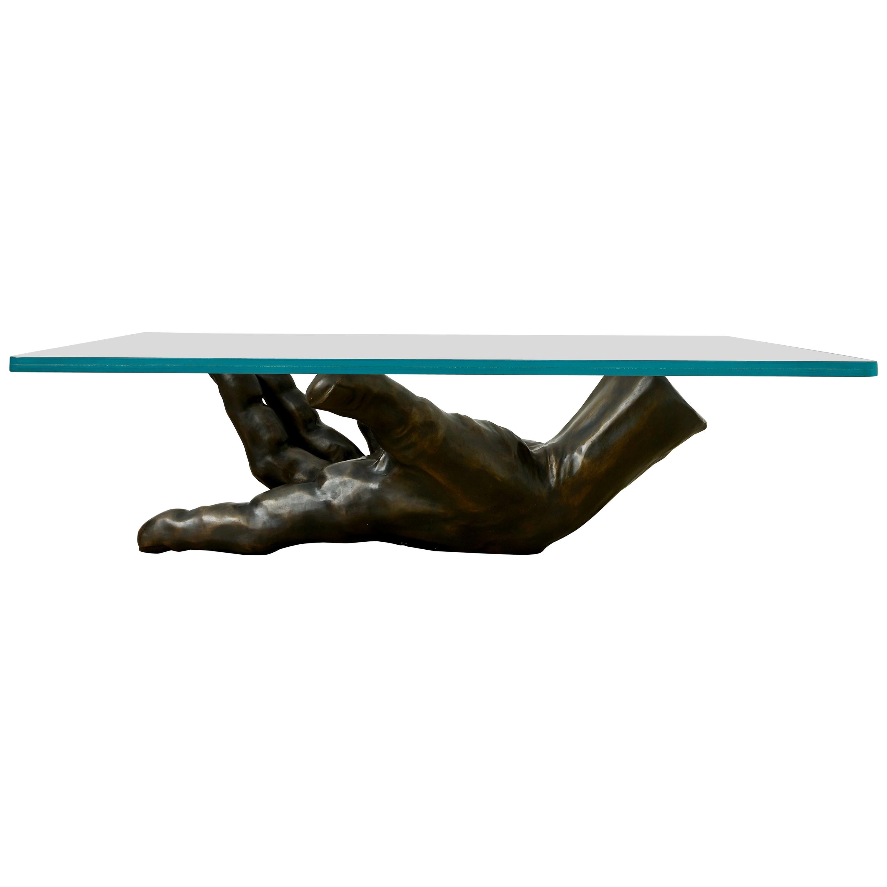 George Sellers, 'The Hand Table, ' Bronze Coffee Table with Laminated Glass For Sale