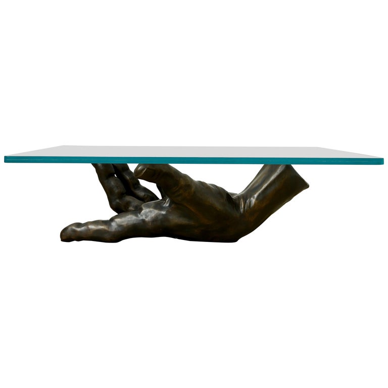 George Sellers, 'The Hand Table,' Bronze Coffee Table with Laminated Glass For Sale