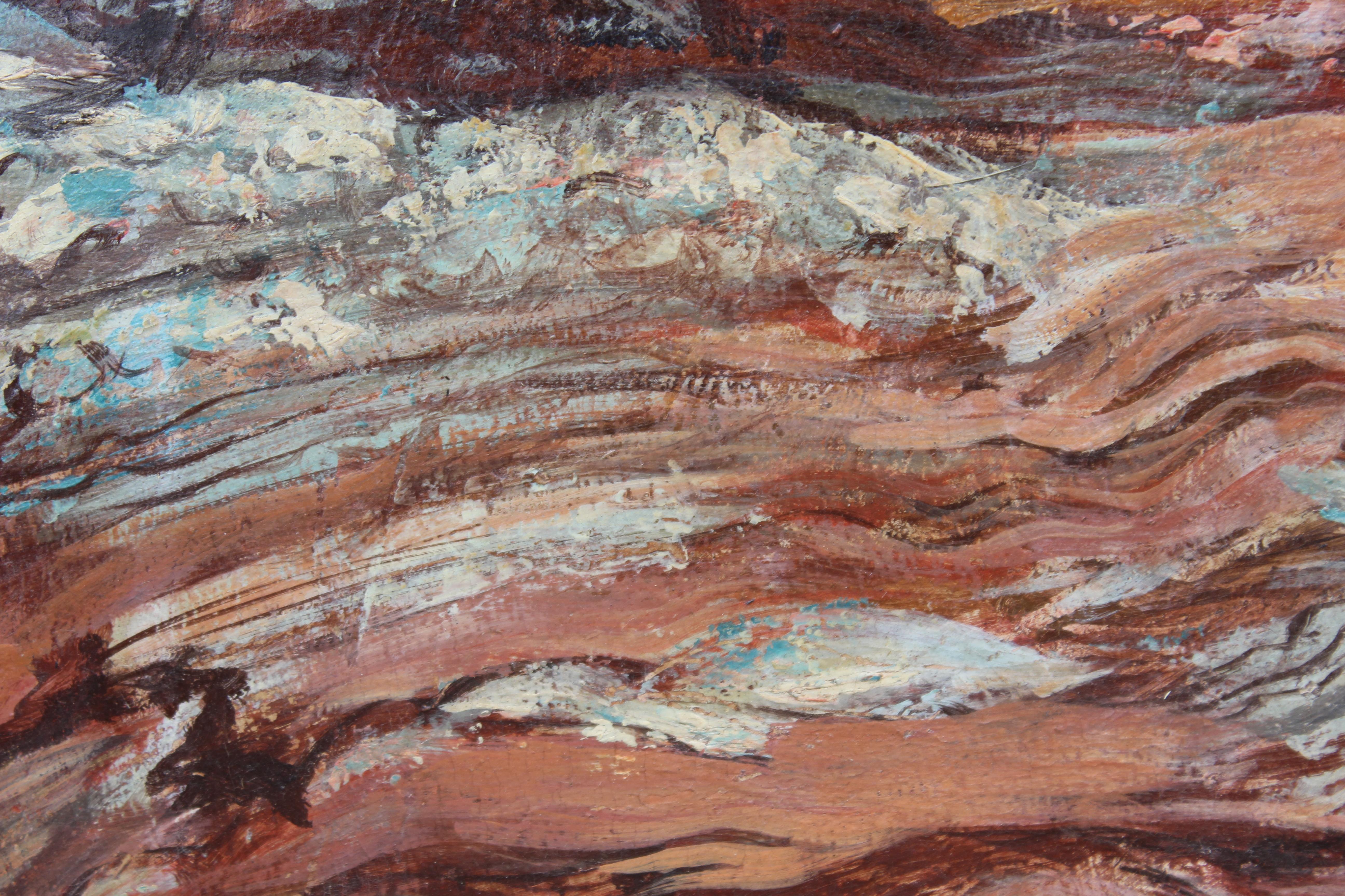 Gorgeous oil painting of sedimentary rocks forming layered strata in a desert scene done in red tones by George Shackelford. Signed in the lower corner. Additional artist information on reverse. Framed in complimentary brown wooden frame.