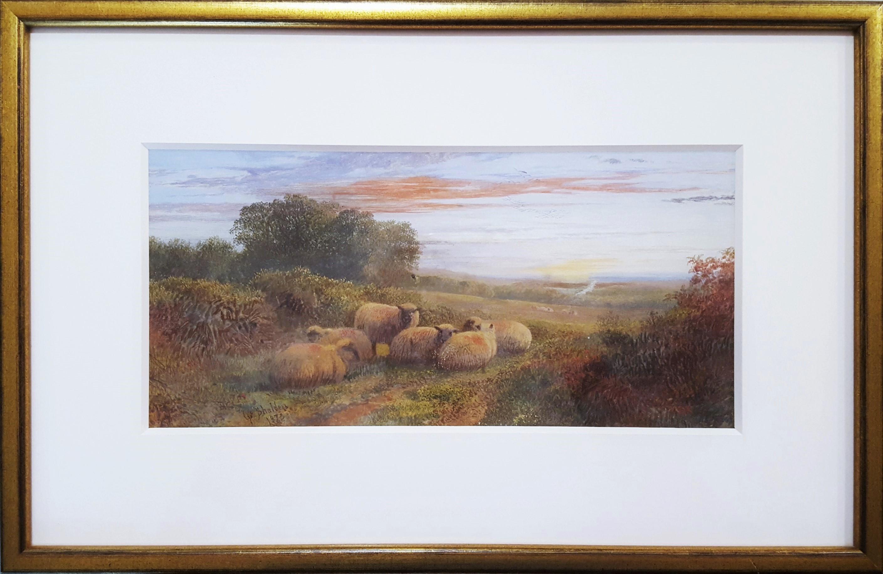 Sheep in Landscape at Dusk - Painting by George Shalders