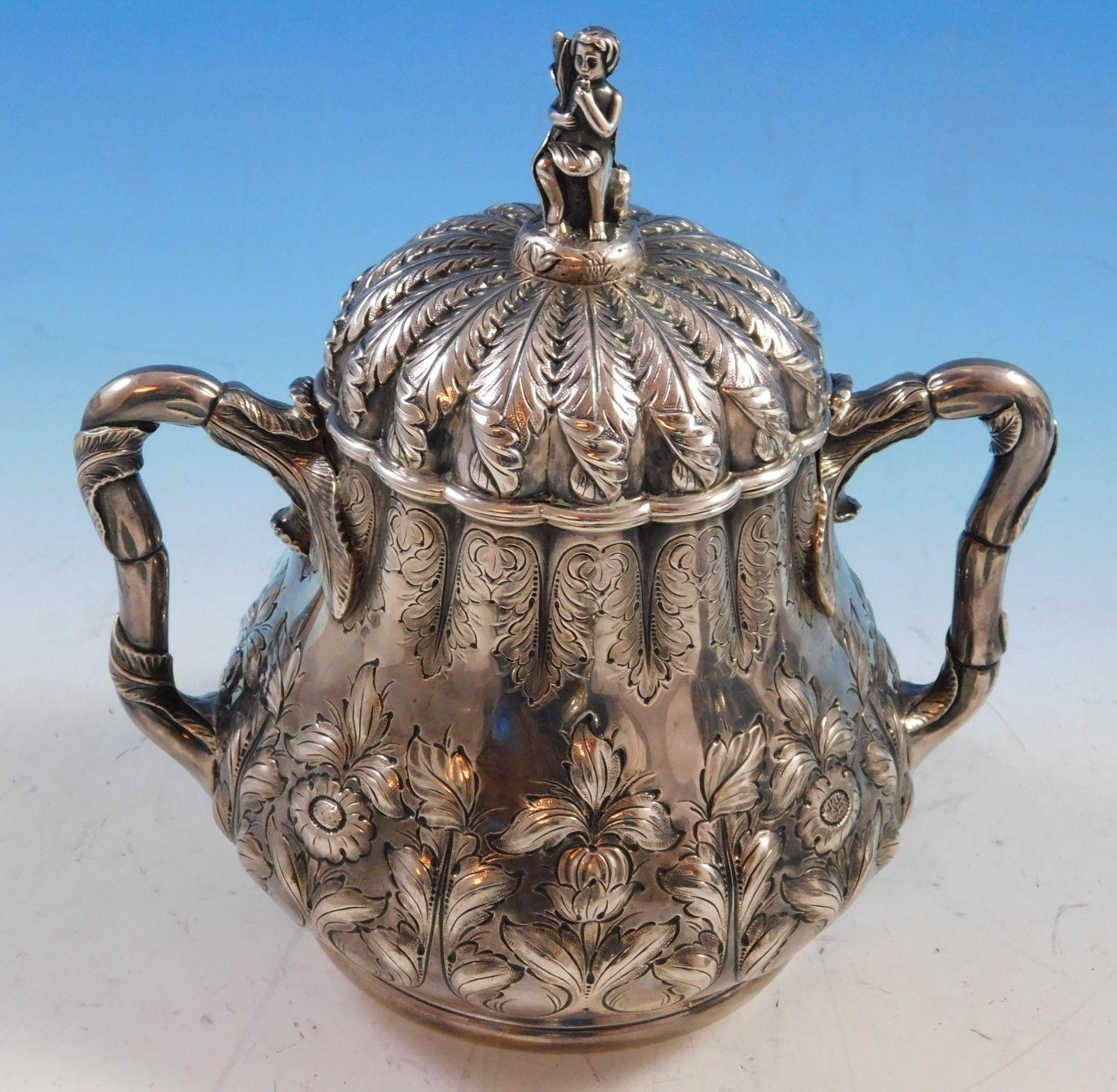 American George Sharp Sterling Silver Tea Set 4 Pc with 3-D Cast Japanese Finials  #2264