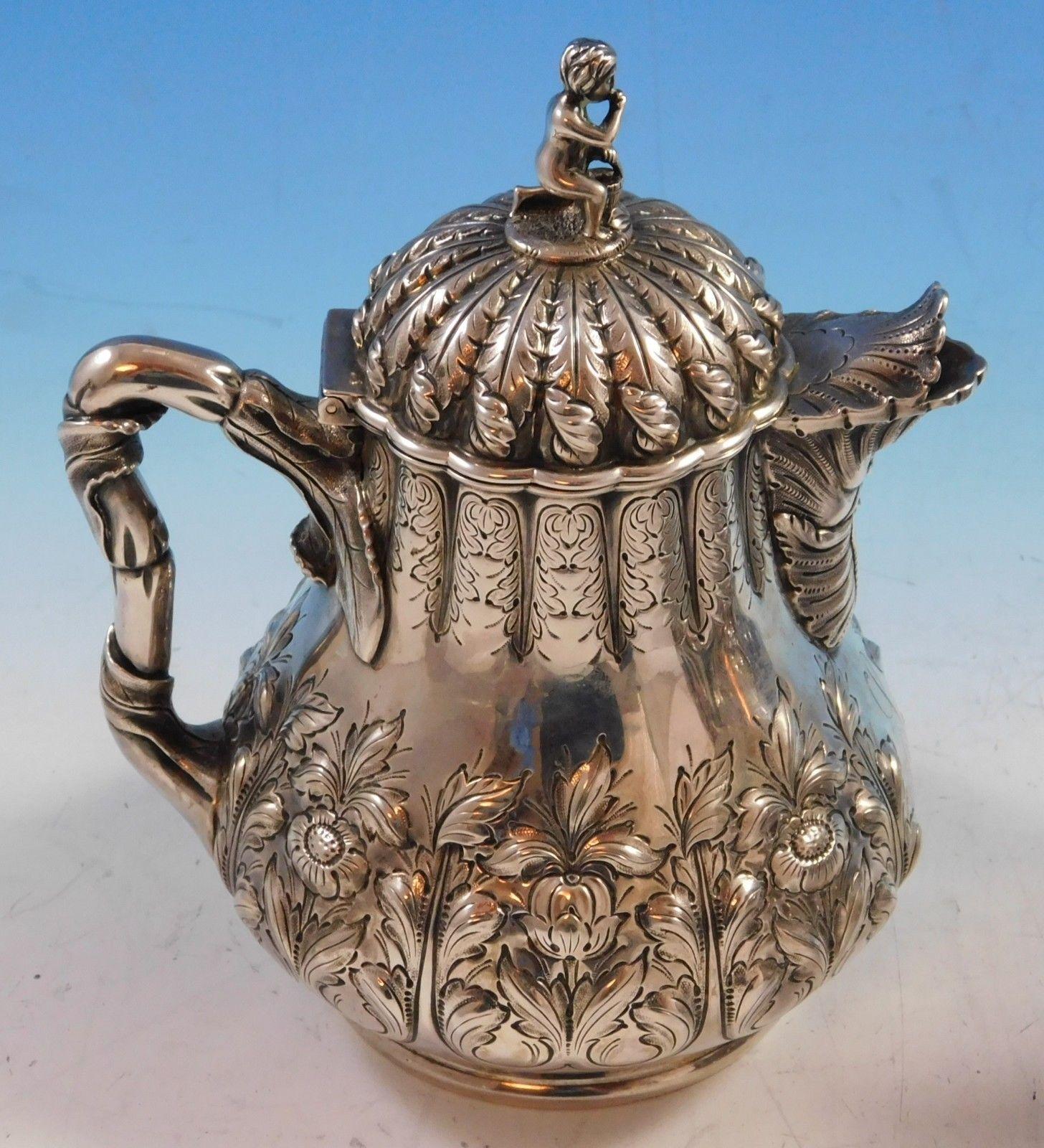 George Sharp Sterling Silver Tea Set 4 Pc with 3-D Cast Japanese Finials  #2264 In Good Condition In Big Bend, WI