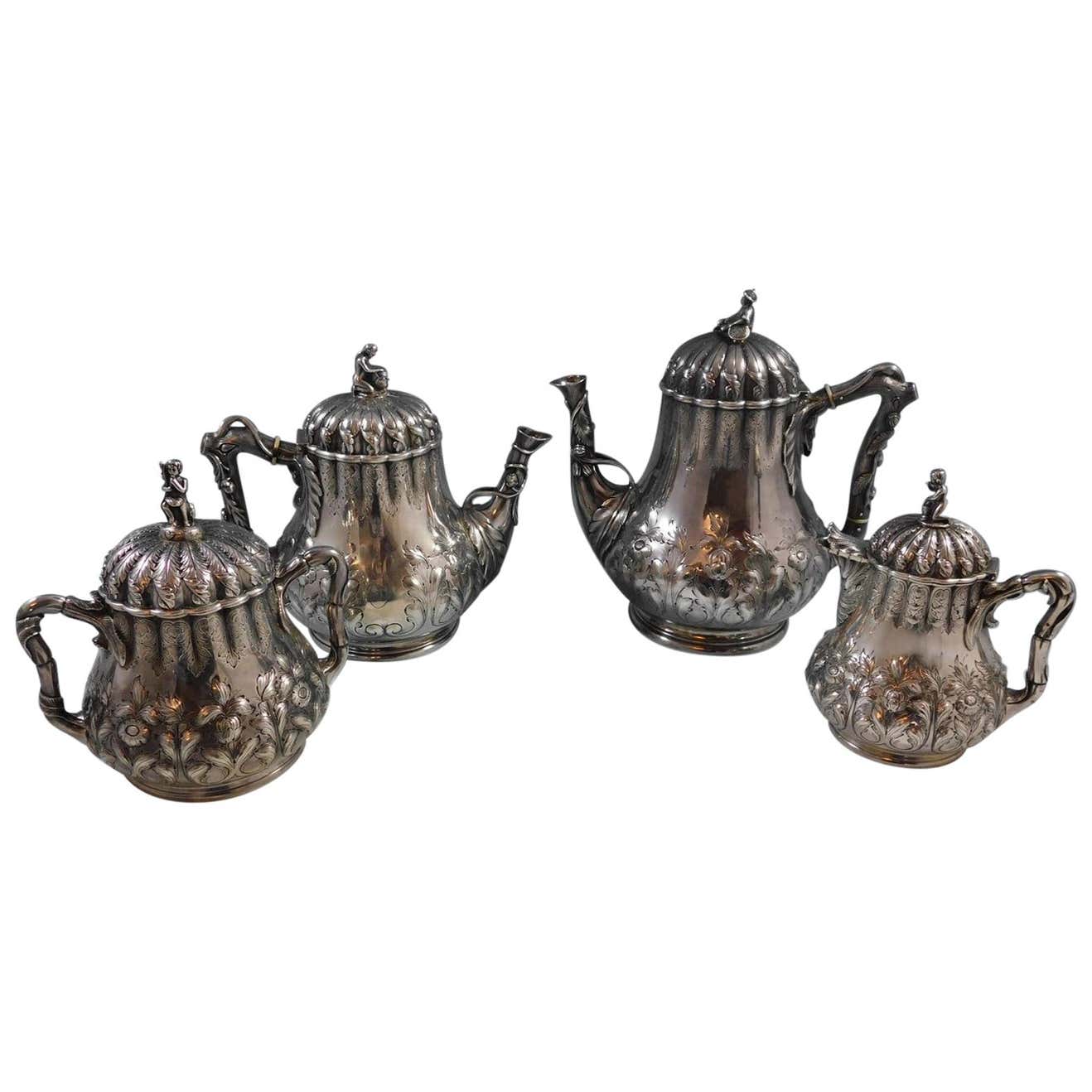 George Sharp Sterling Silver Tea Set 4 Pc with 3-D Cast Japanese ...