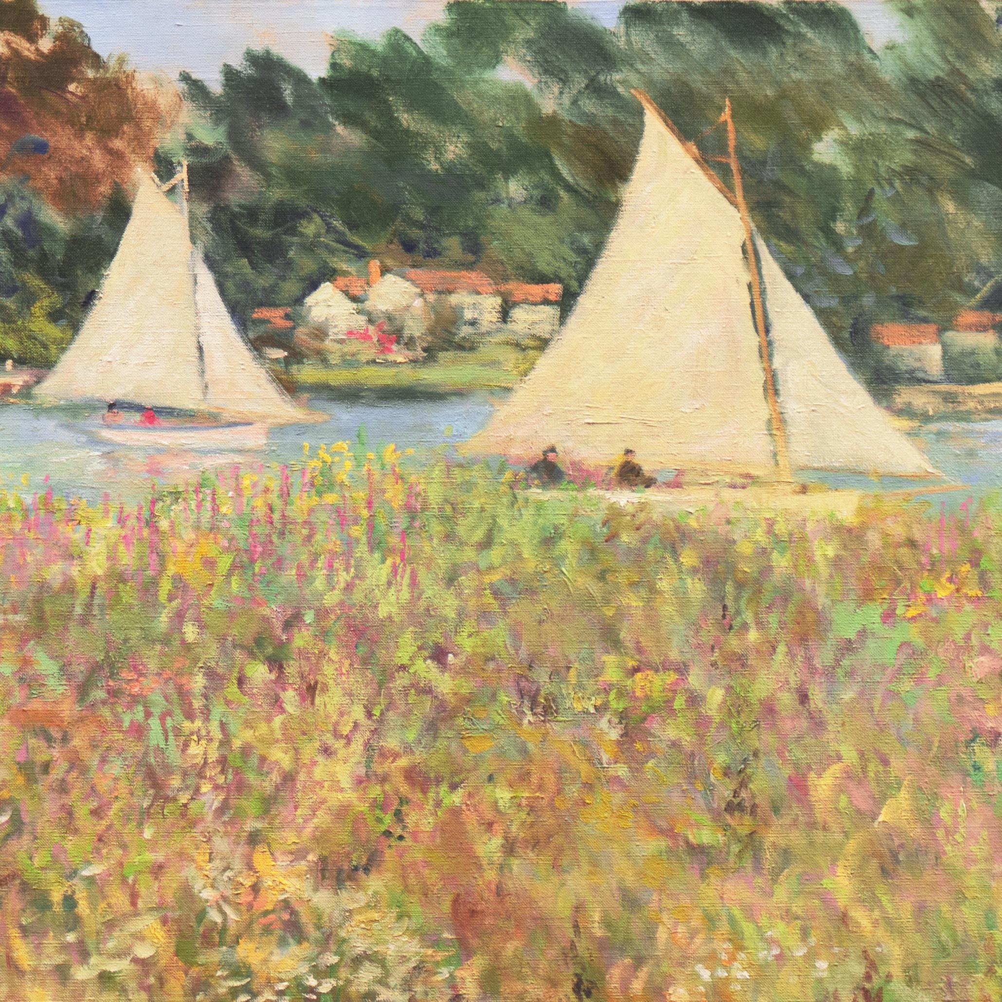 'Boats on the Loire', American Impressionism, Putnam, New York, Large French Oil - Painting by George Shawe